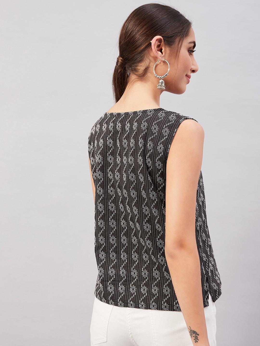 InWeave Black Kantha Ikkat Print W/U Top - Swadesiicart