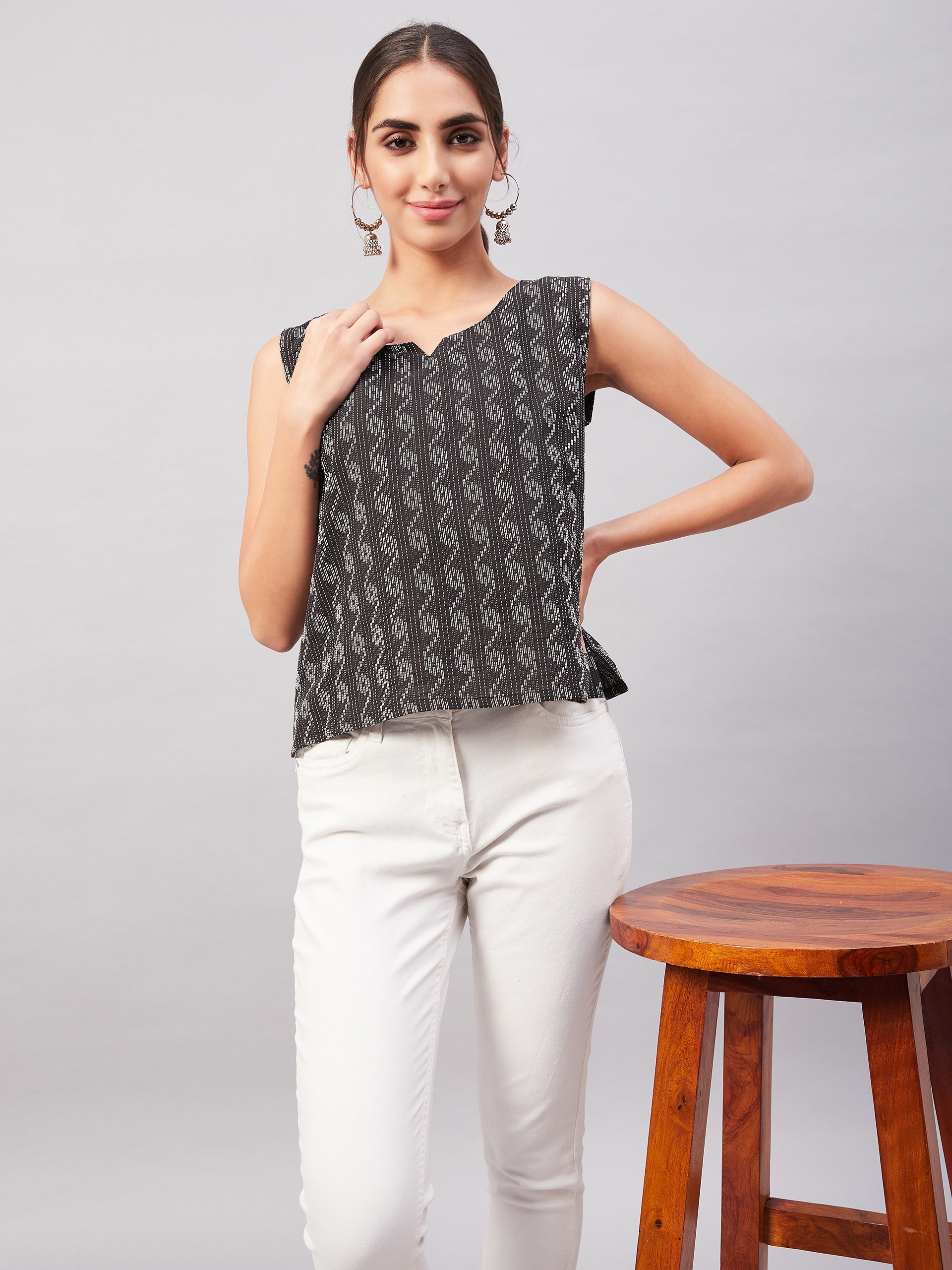 InWeave Black Kantha Ikkat Print W/U Top - Swadesiicart