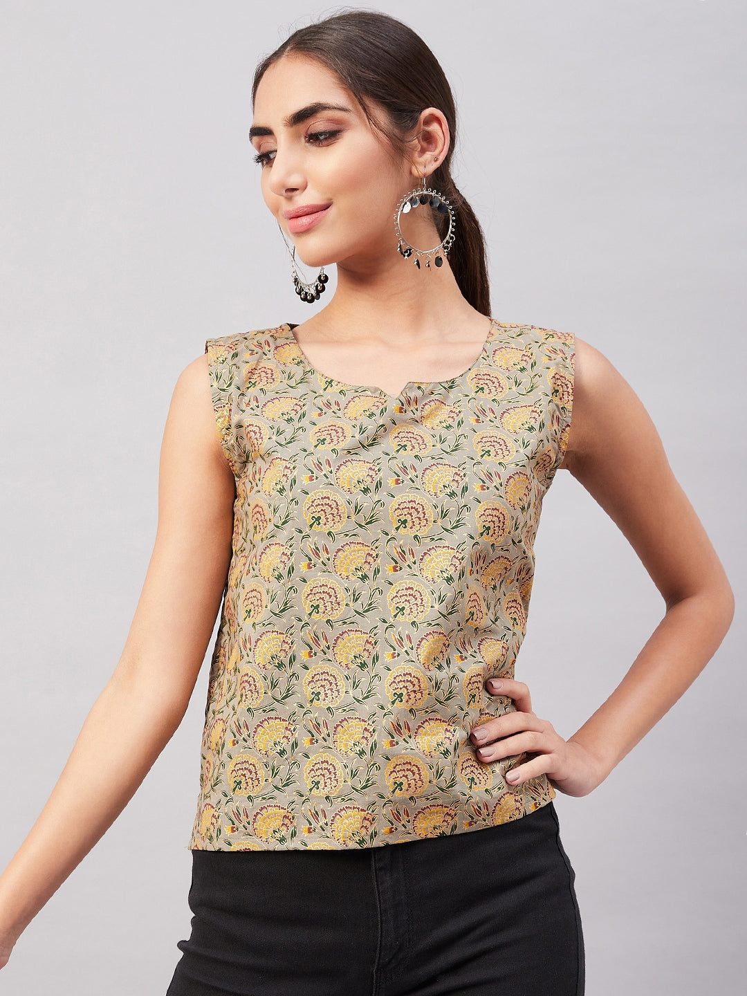 InWeave Grey Gold Floral W/U Top - Swadesiicart