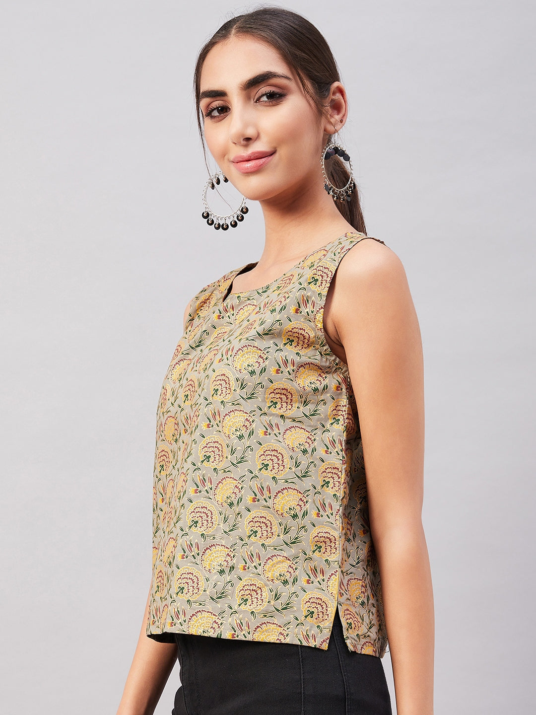 InWeave Grey Gold Floral W/U Top - Swadesiicart