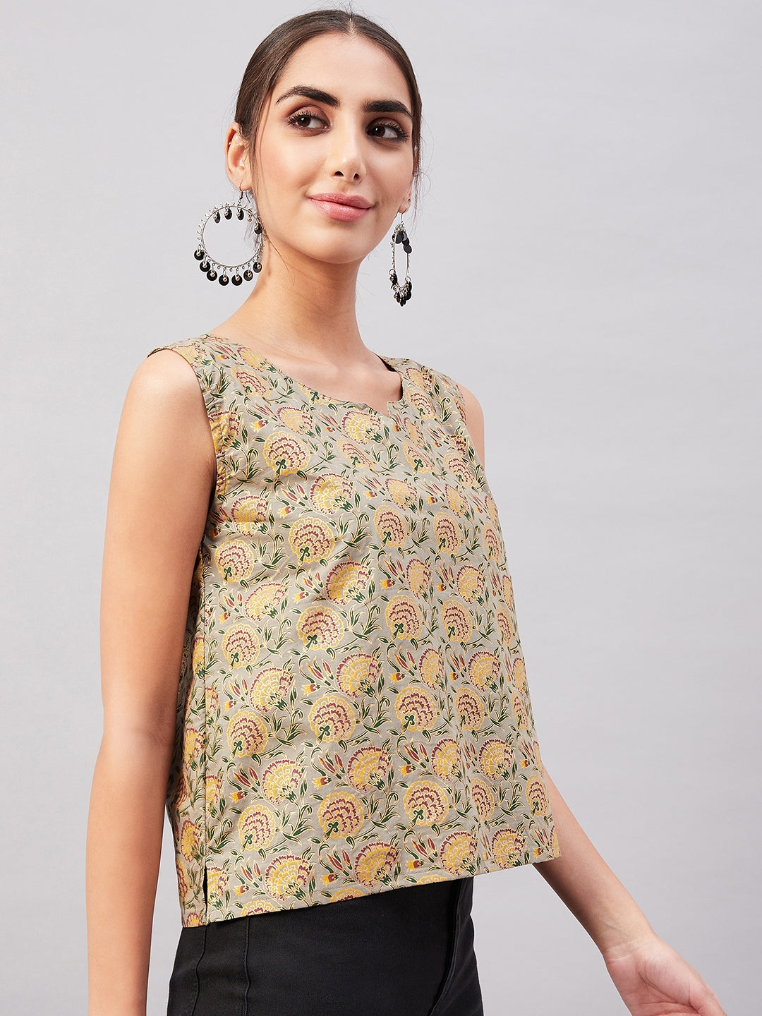 InWeave Grey Gold Floral W/U Top - Swadesiicart