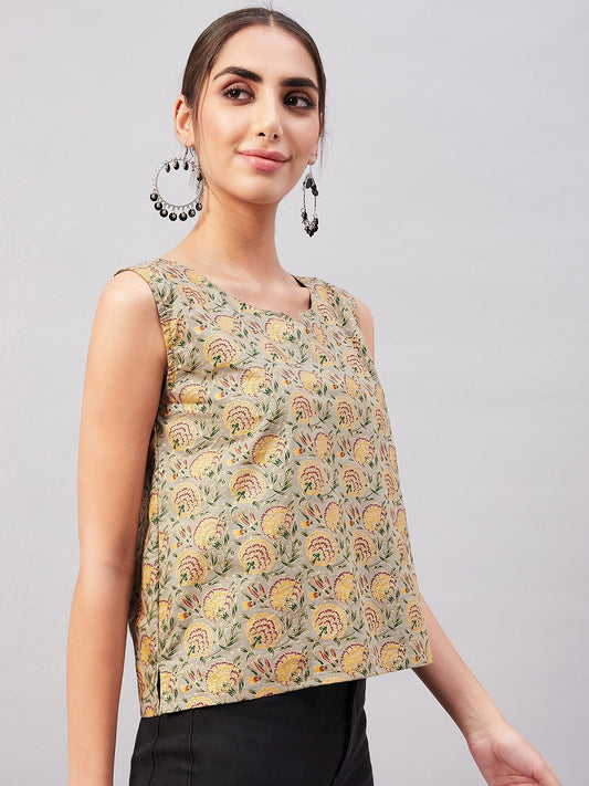 InWeave Grey Gold Floral W/U Top - Swadesiicart