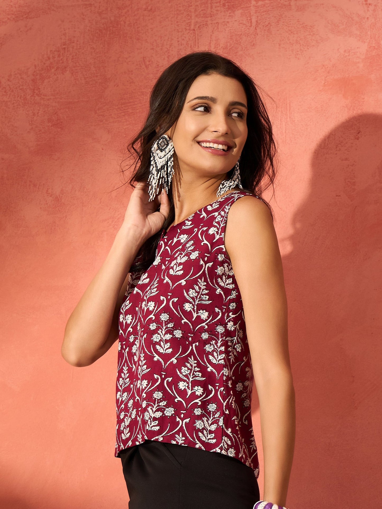 InWeave Wine Cream Floral Print W/U Top - Swadesiicart