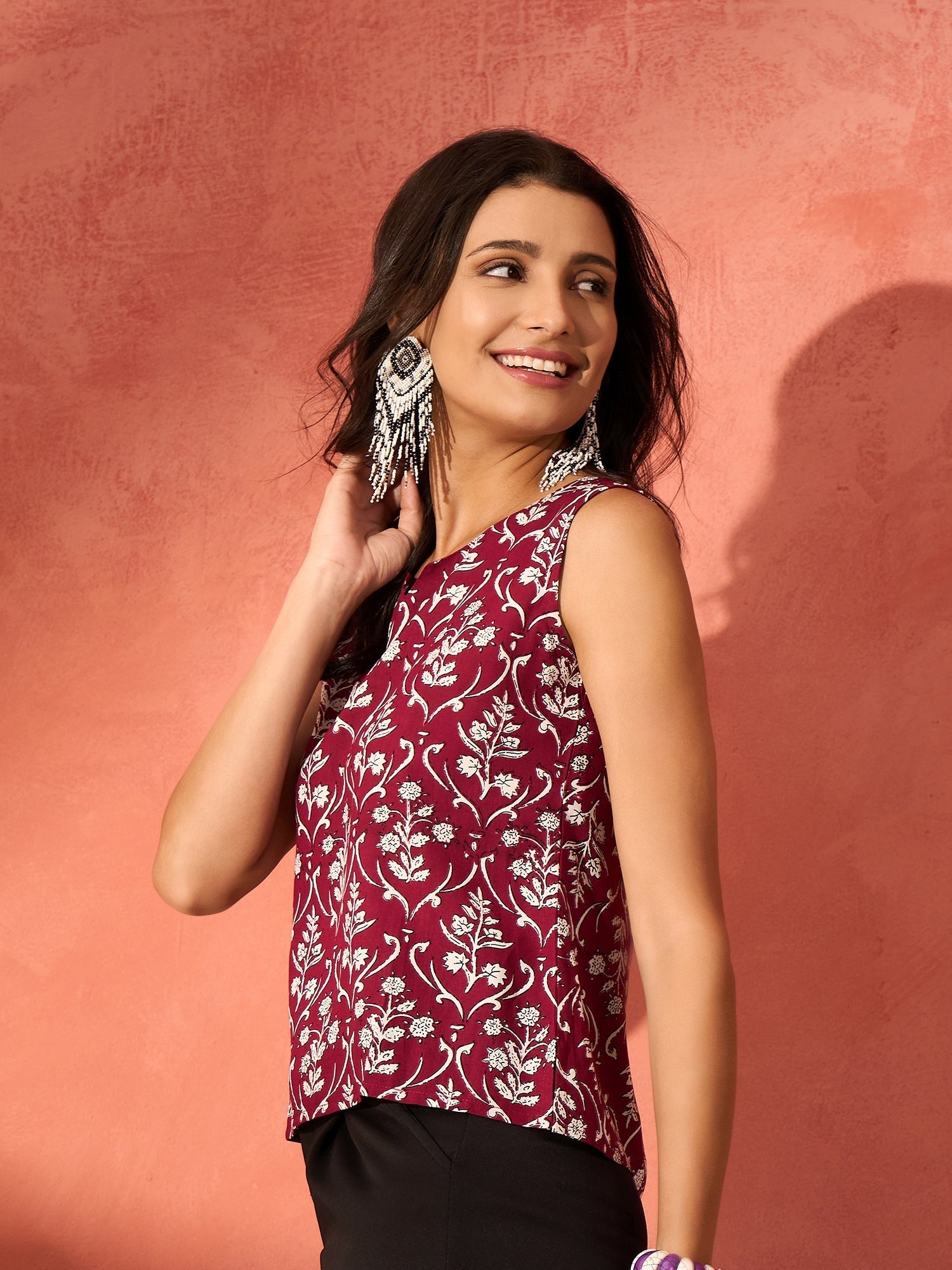 InWeave Wine Cream Floral Print W/U Top - Swadesiicart