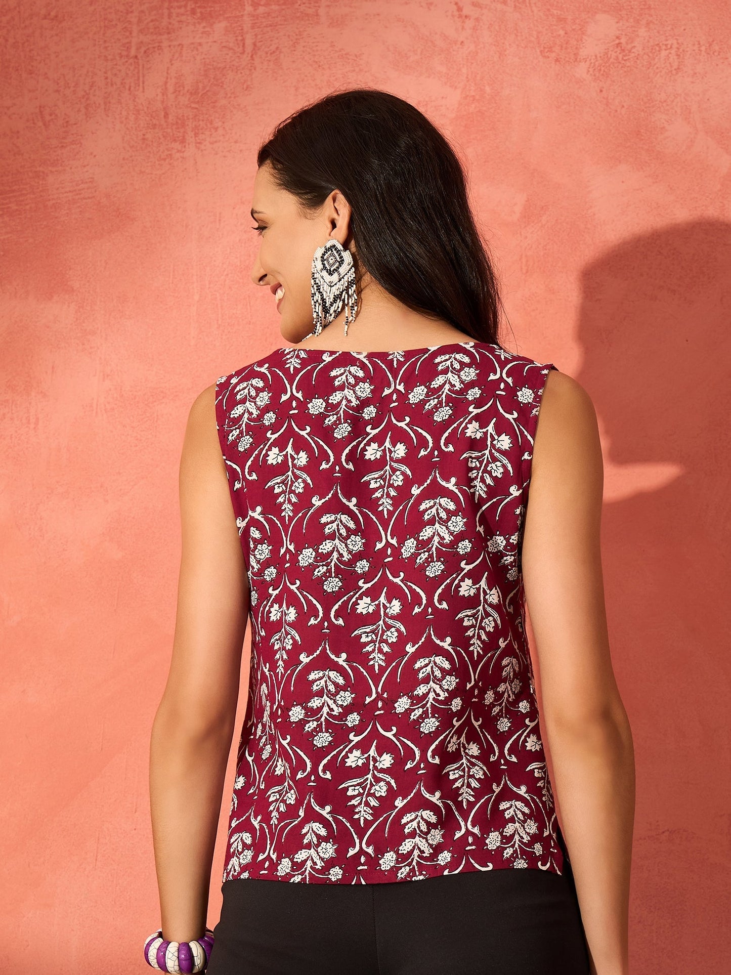 InWeave Wine Cream Floral Print W/U Top - Swadesiicart
