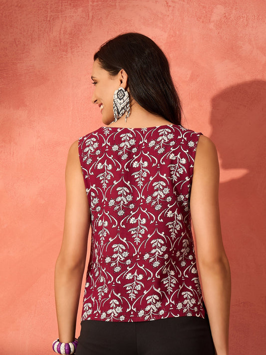InWeave Wine Cream Floral Print W/U Top - Swadesiicart