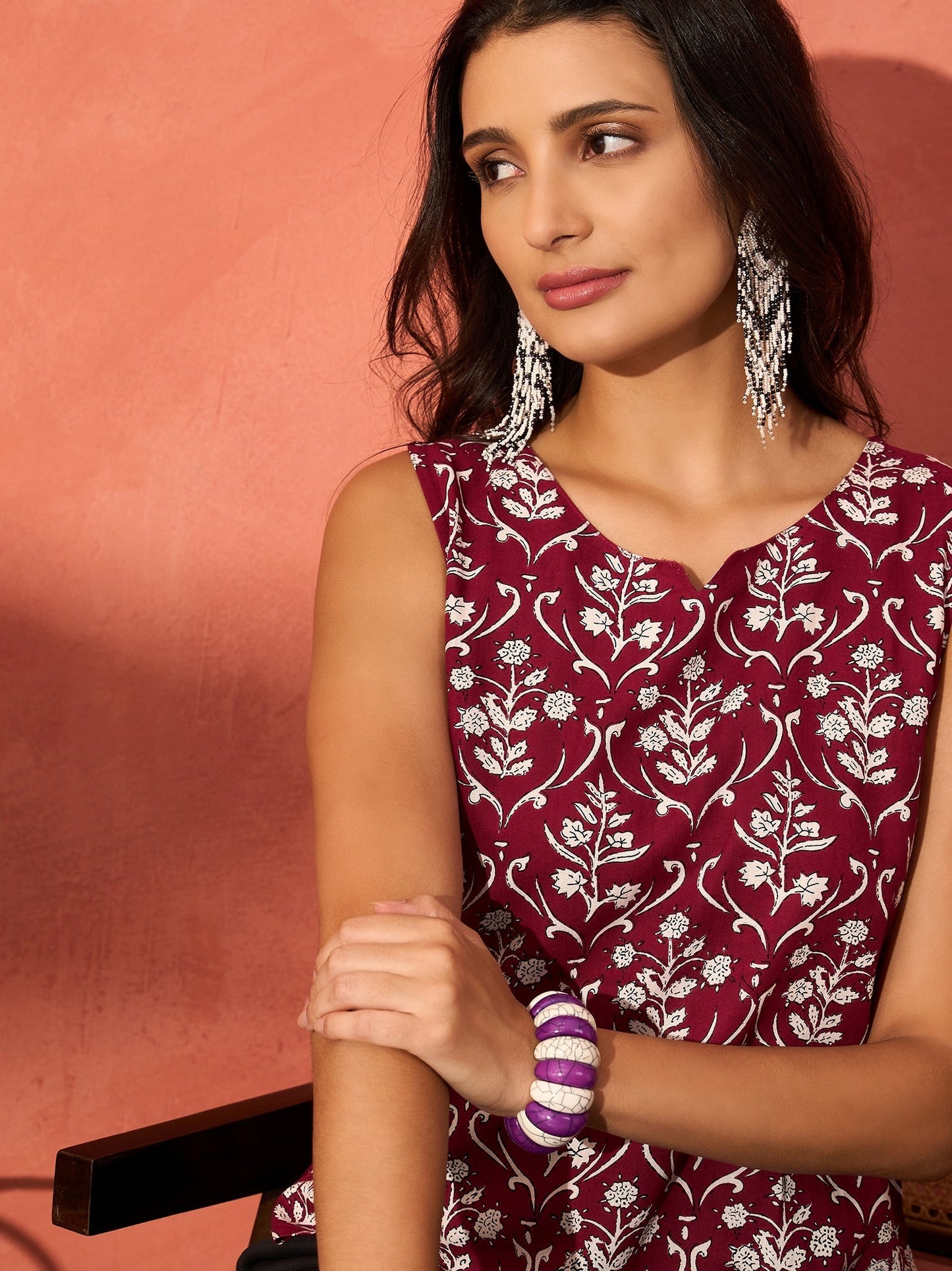 InWeave Wine Cream Floral Print W/U Top - Swadesiicart
