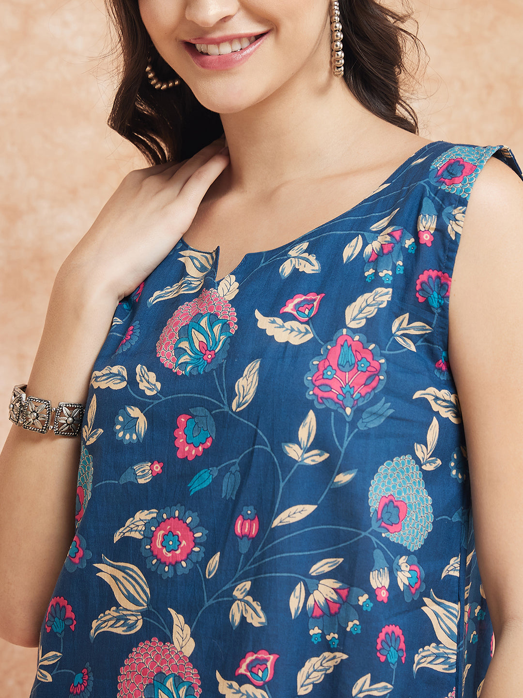 InWeave Blue Pink Kalamkari Top - Swadesiicart
