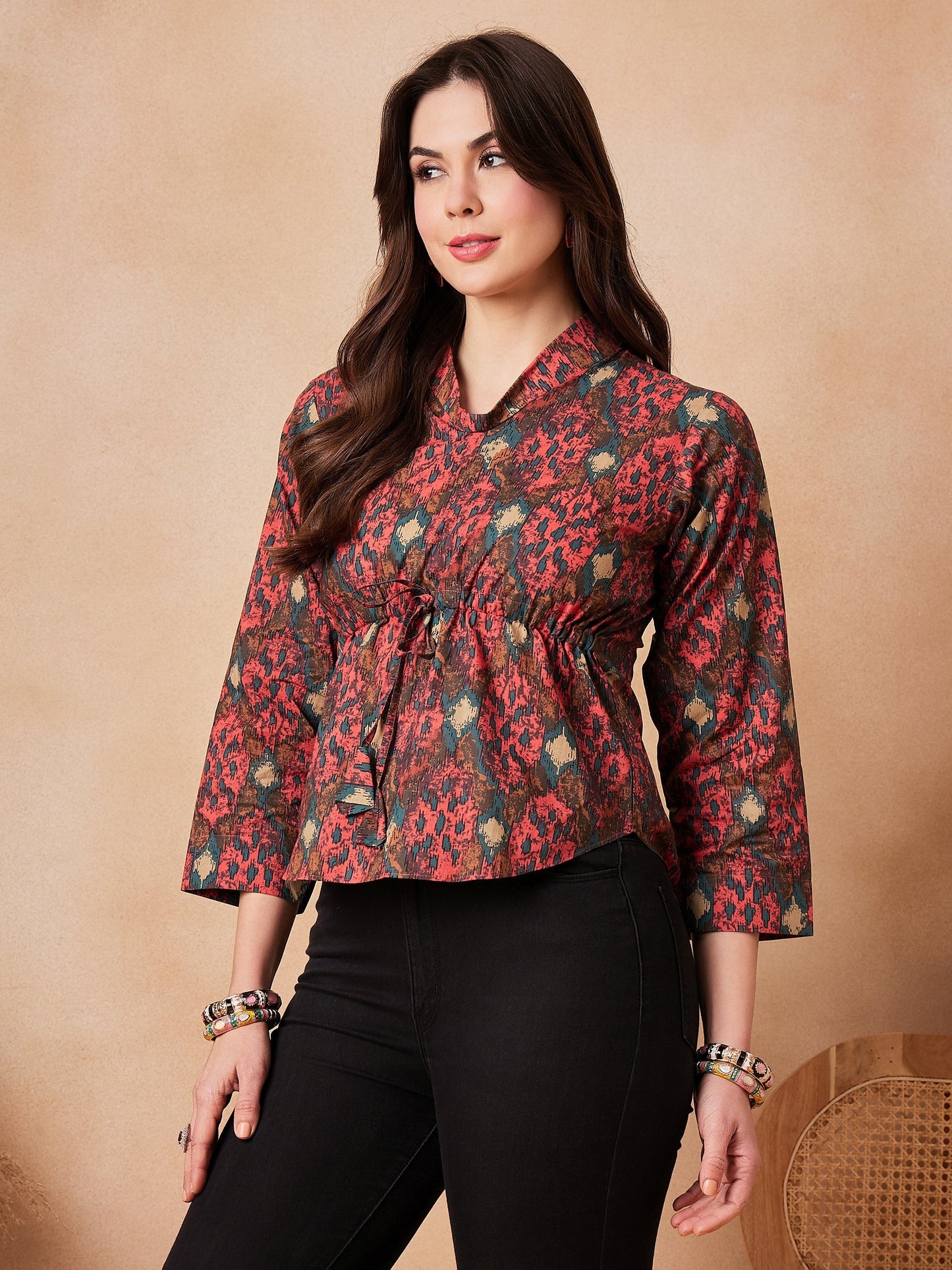 InWeave Coral Red Abstract Printed Shawl Neck Top - Swadesiicart