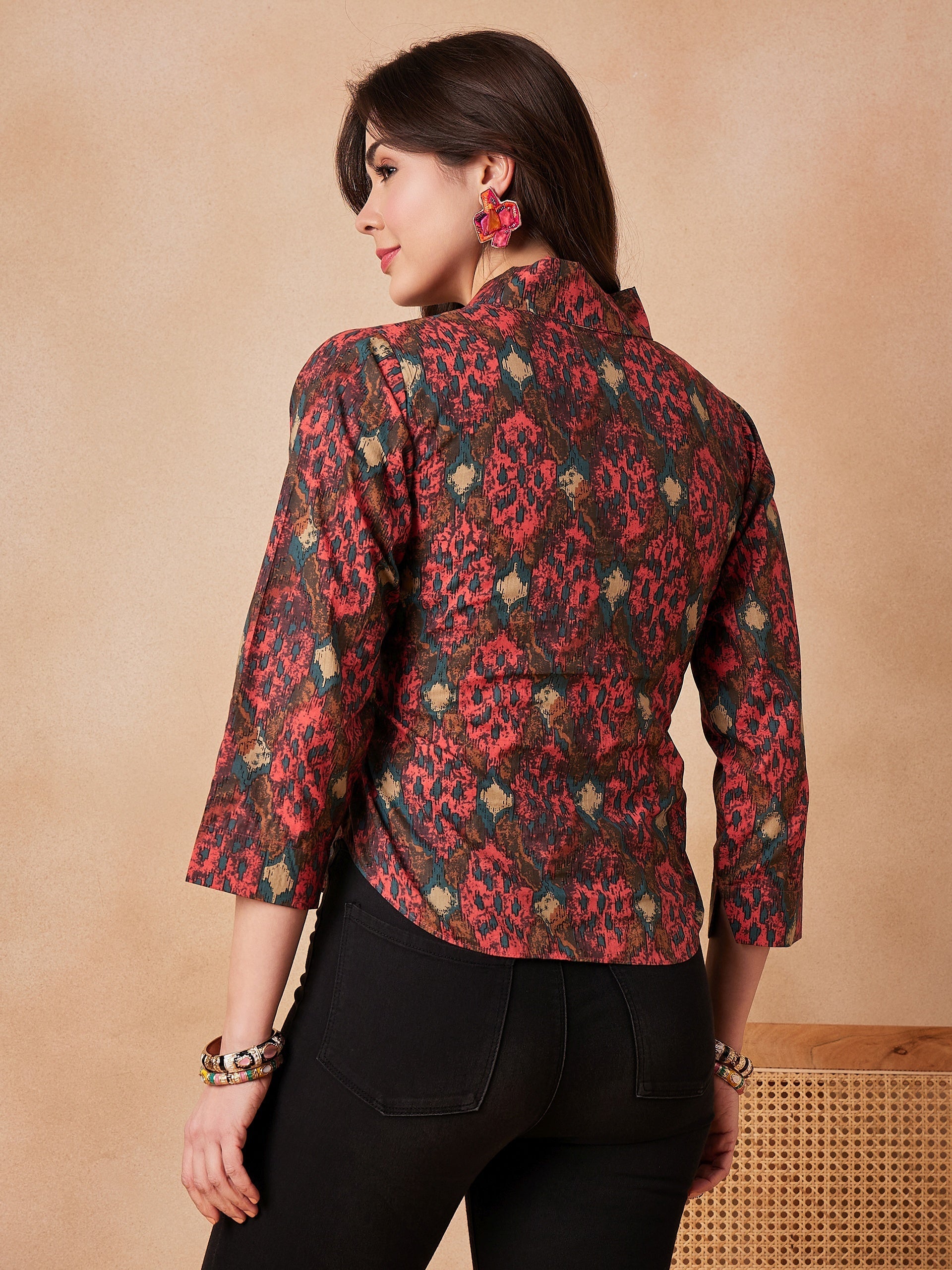 InWeave Coral Red Abstract Printed Shawl Neck Top - Swadesiicart