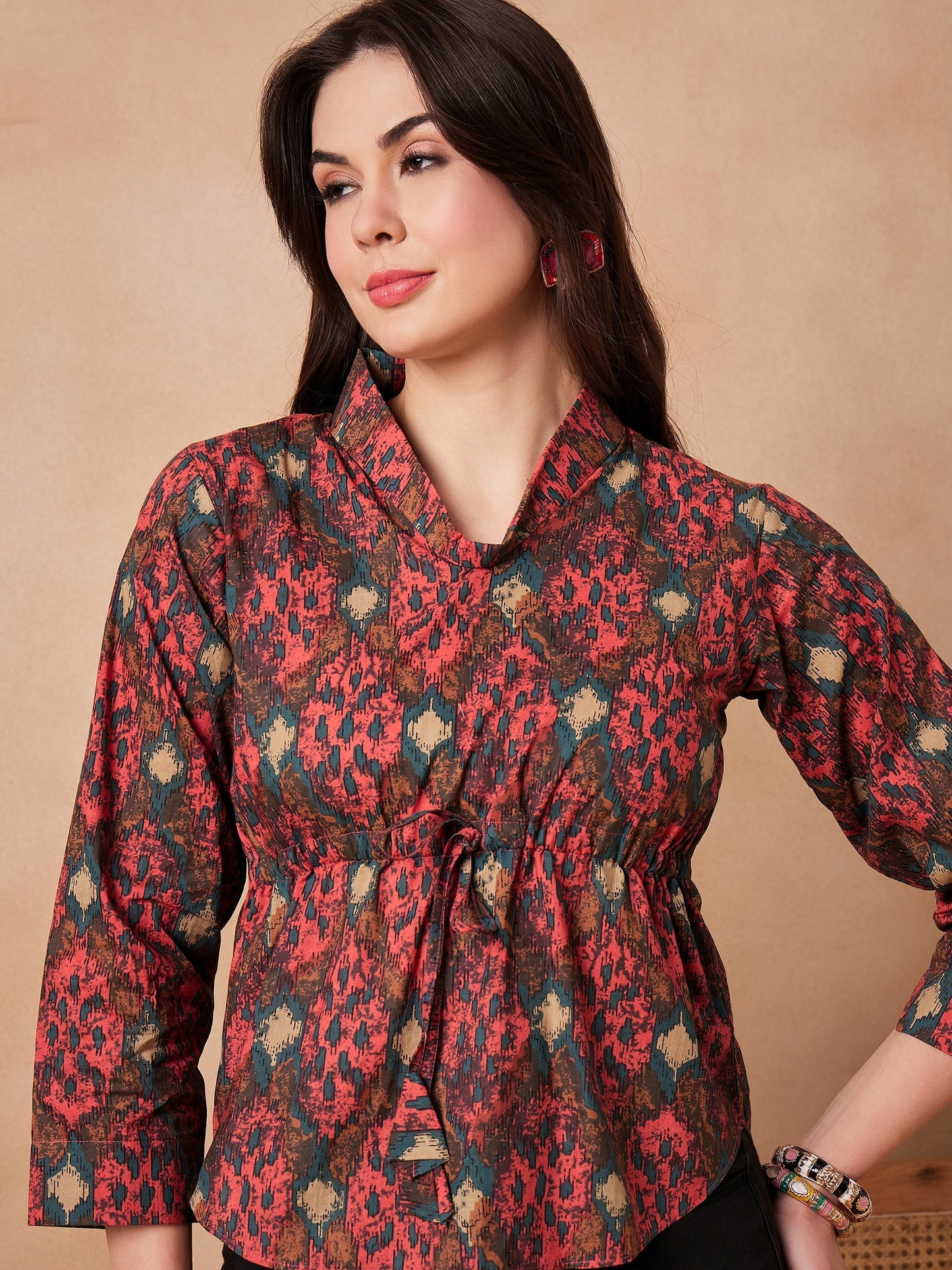 InWeave Coral Red Abstract Printed Shawl Neck Top - Swadesiicart