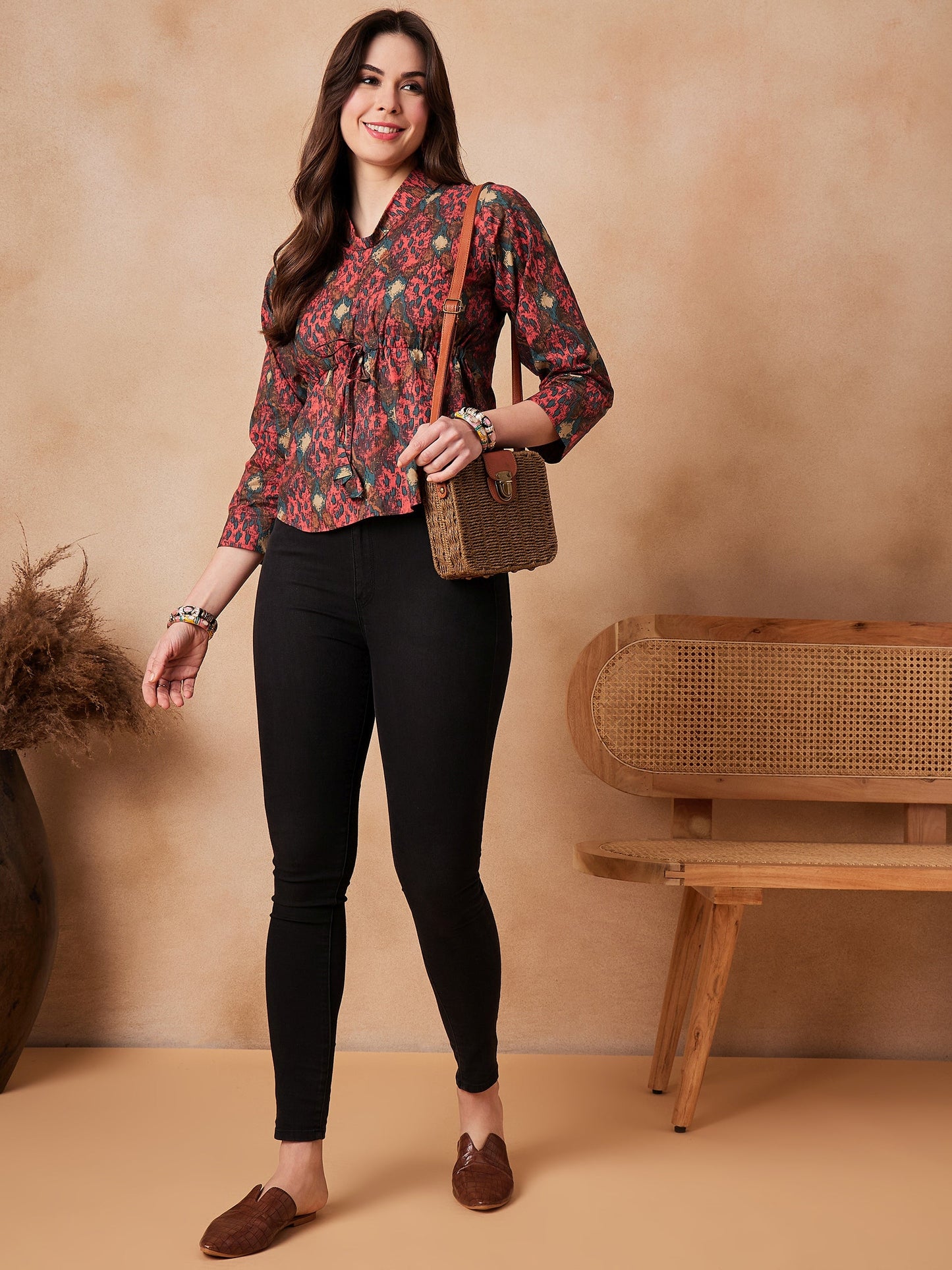 InWeave Coral Red Abstract Printed Shawl Neck Top - Swadesiicart
