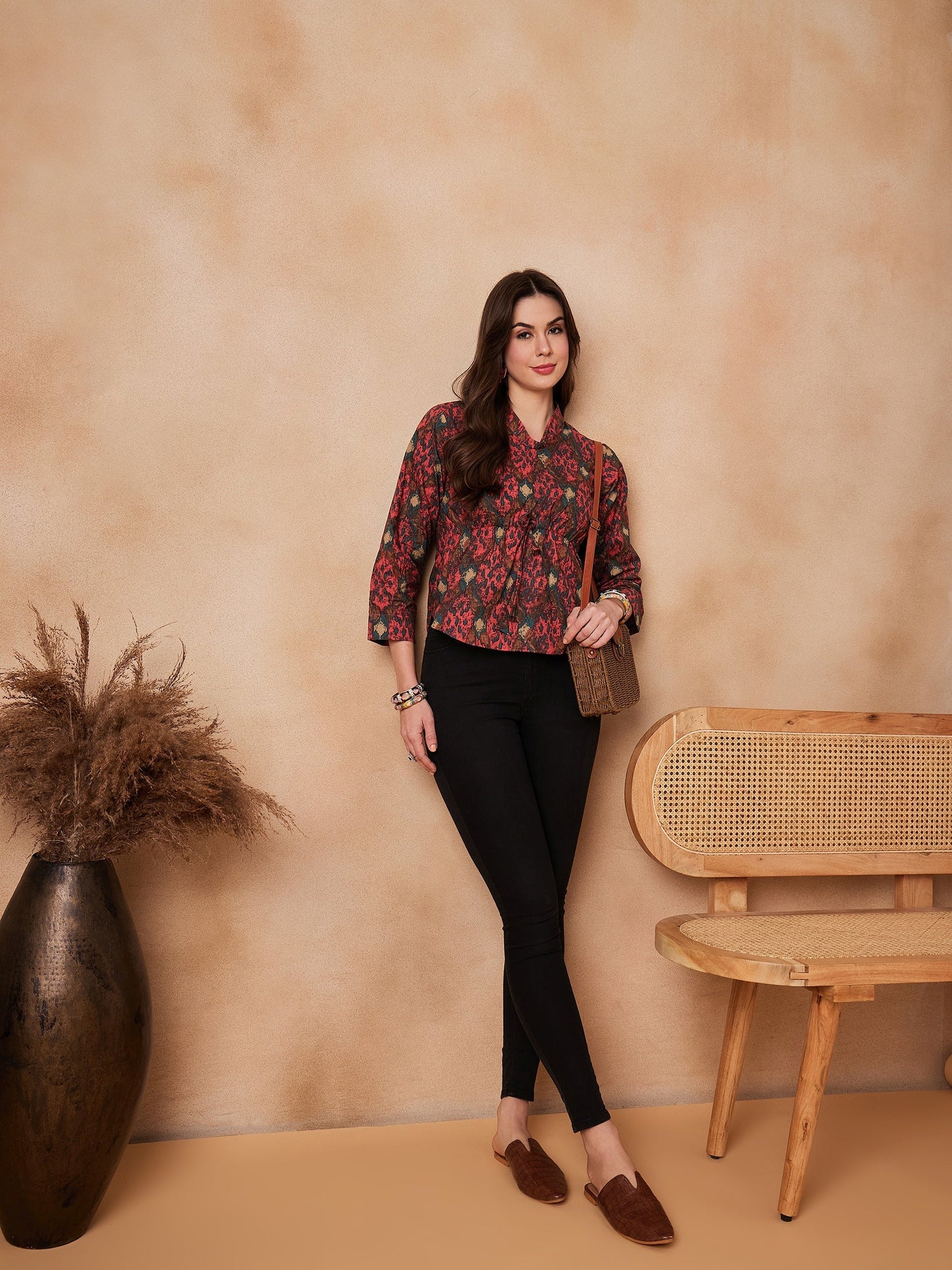 InWeave Coral Red Abstract Printed Shawl Neck Top - Swadesiicart