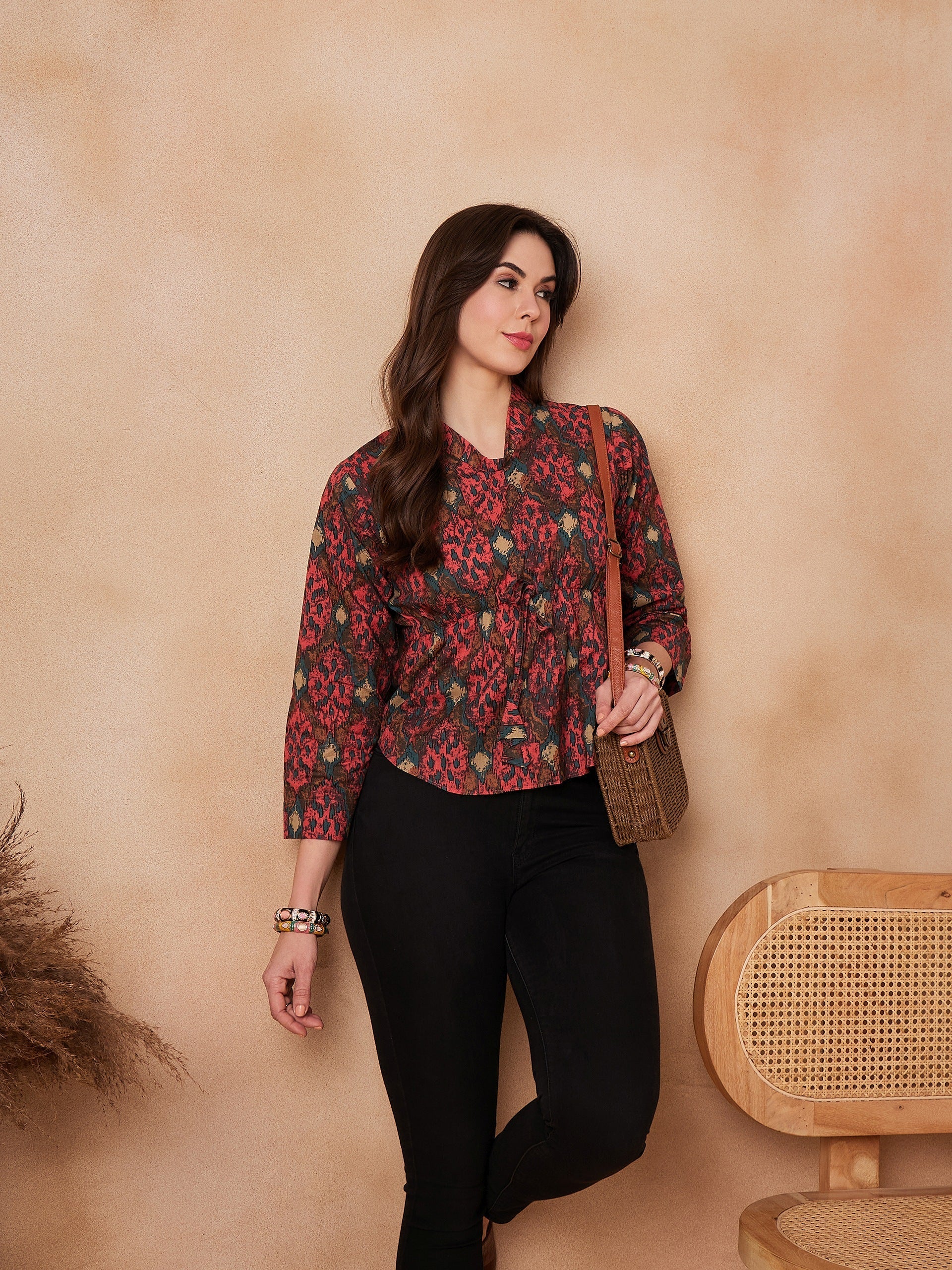 InWeave Coral Red Abstract Printed Shawl Neck Top - Swadesiicart