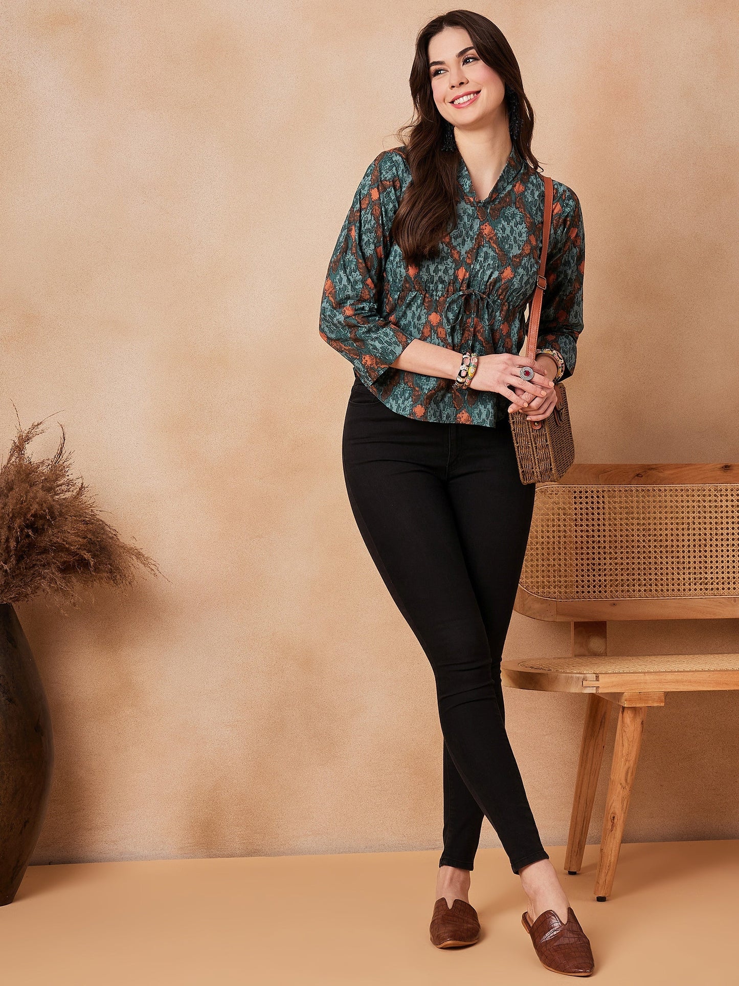 InWeave Aqua Pearl Shawl Neck Top - Swadesiicart