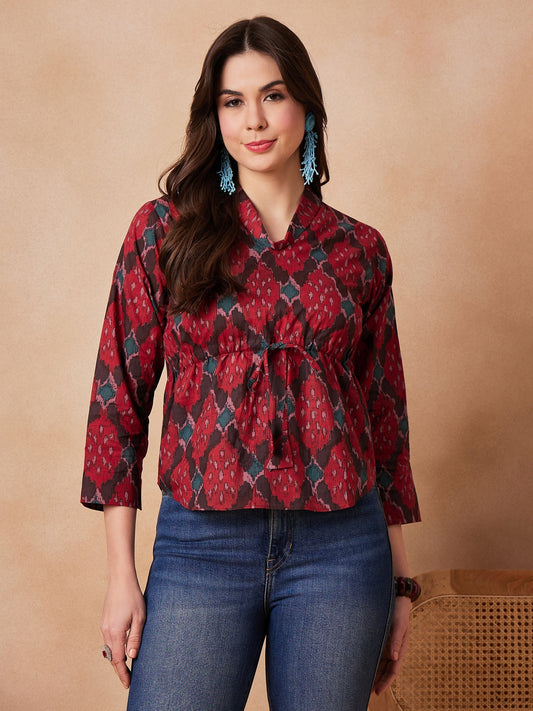 InWeave Red Abstract Printed Shawl Neck Top - Swadesiicart