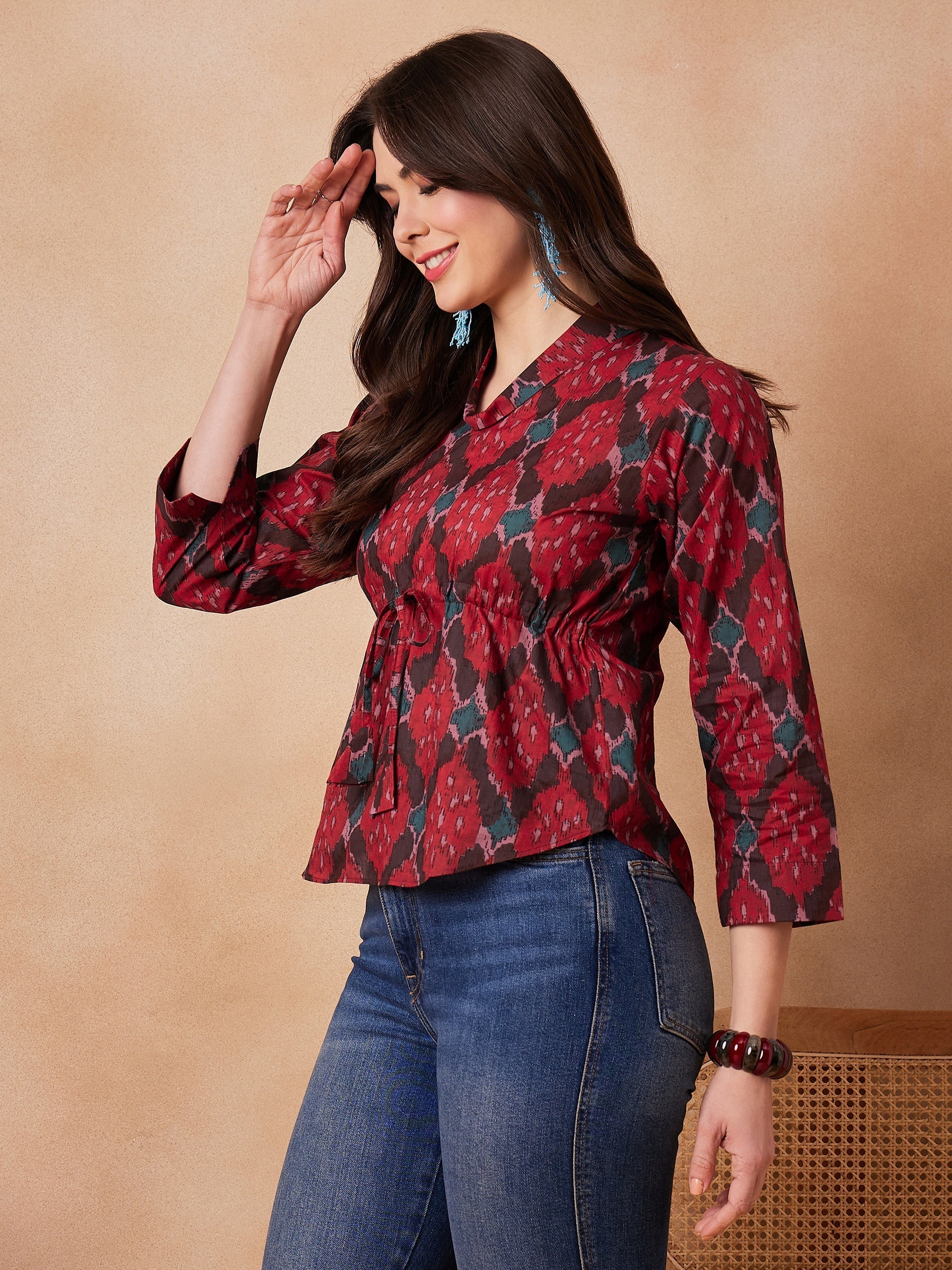 InWeave Red Abstract Printed Shawl Neck Top - Swadesiicart