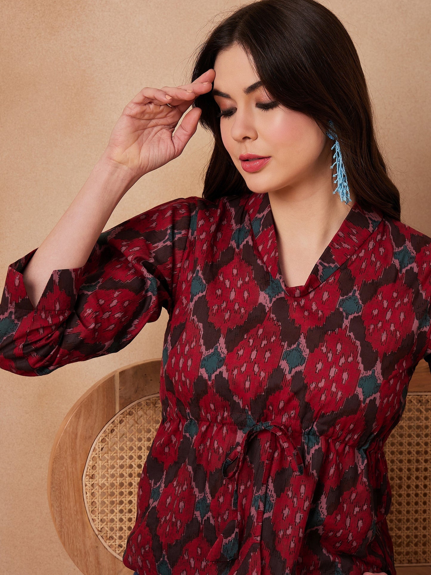 InWeave Red Abstract Printed Shawl Neck Top - Swadesiicart