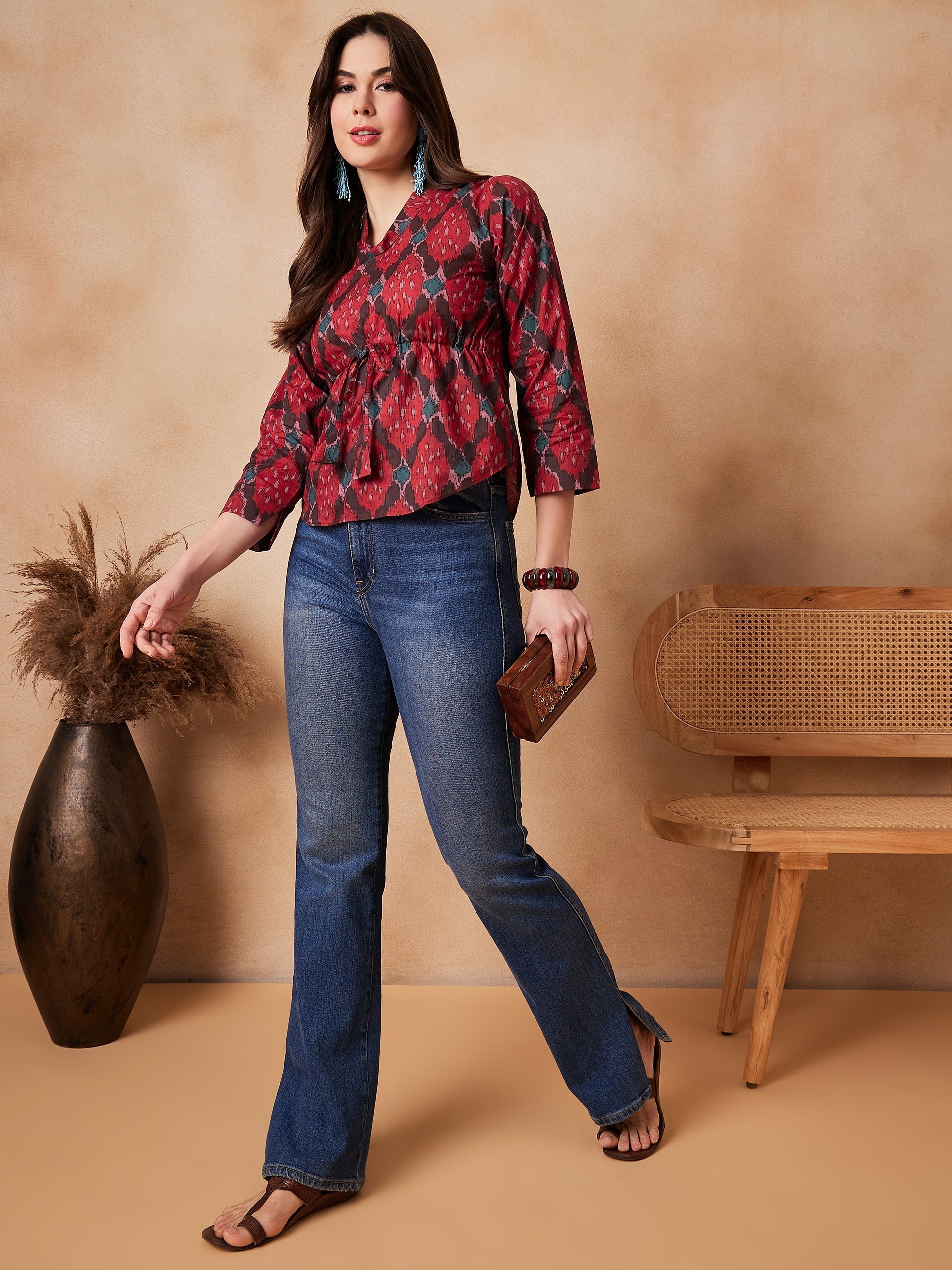 InWeave Red Abstract Printed Shawl Neck Top - Swadesiicart
