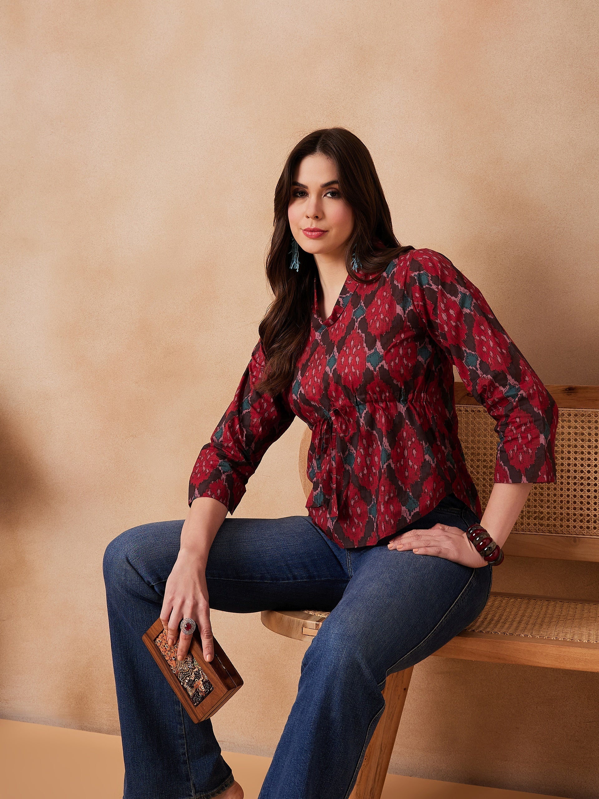 InWeave Red Abstract Printed Shawl Neck Top - Swadesiicart