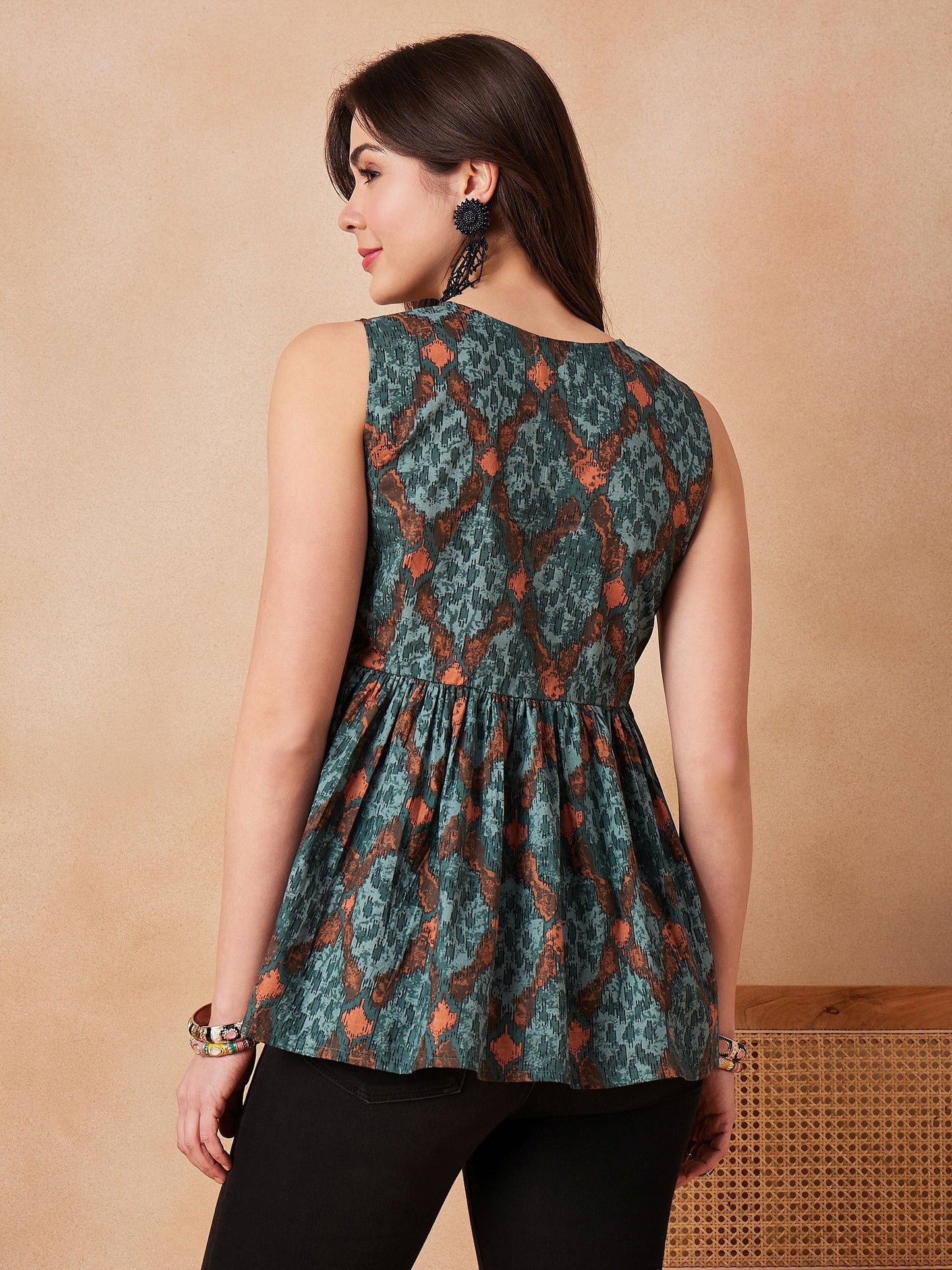 InWeave Aqua Pearl Abstract Printed Round Neck Top - Swadesiicart