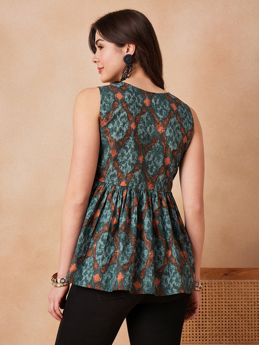 InWeave Aqua Pearl Abstract Printed Round Neck Top - Swadesiicart