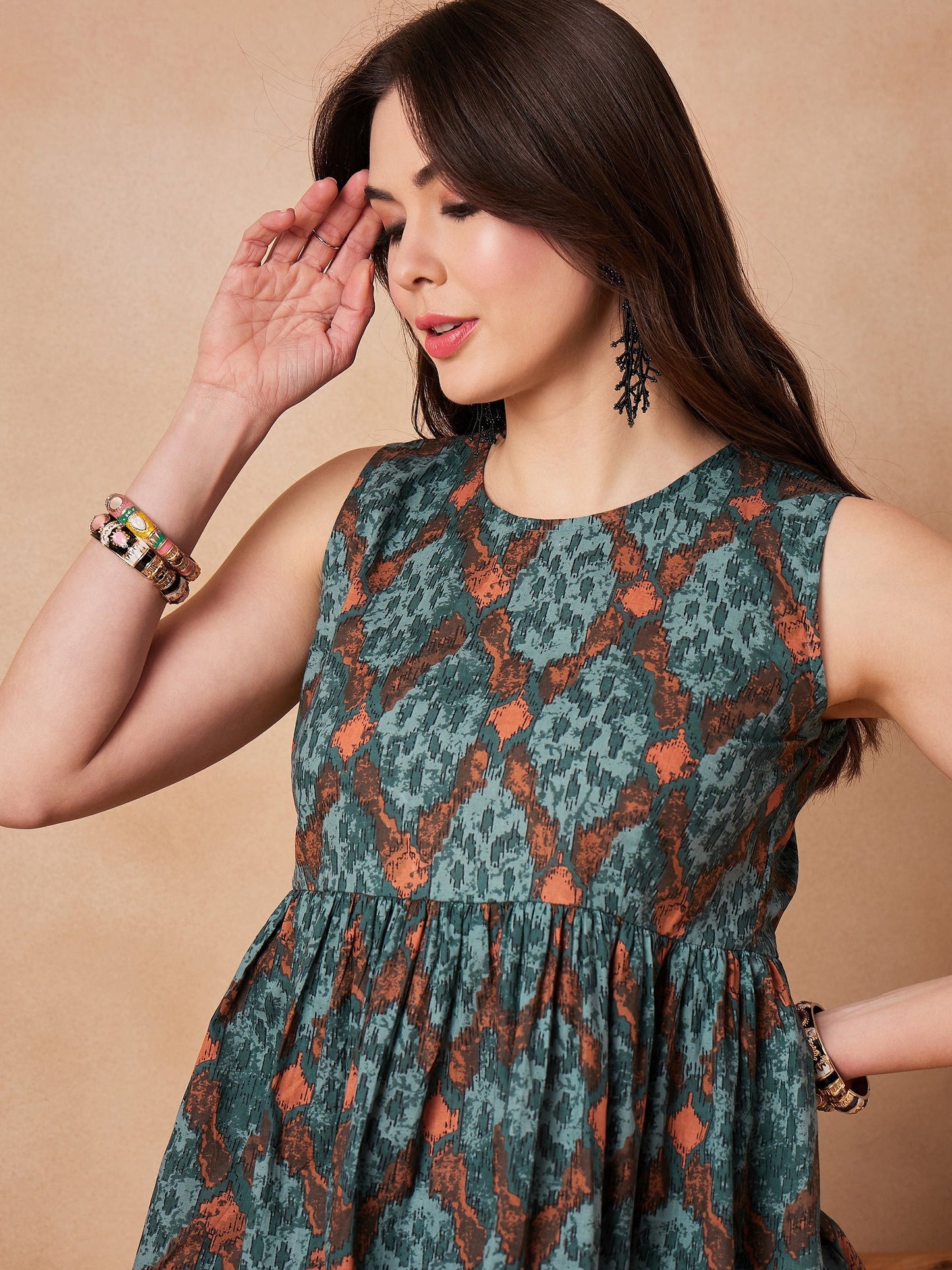 InWeave Aqua Pearl Abstract Printed Round Neck Top - Swadesiicart