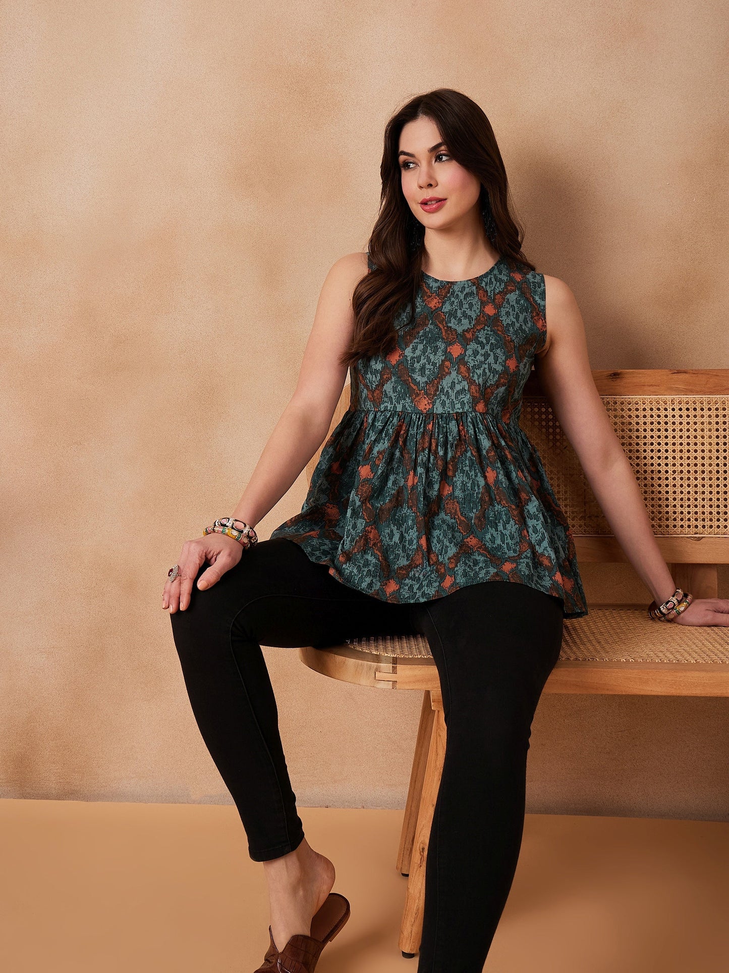 InWeave Aqua Pearl Abstract Printed Round Neck Top - Swadesiicart