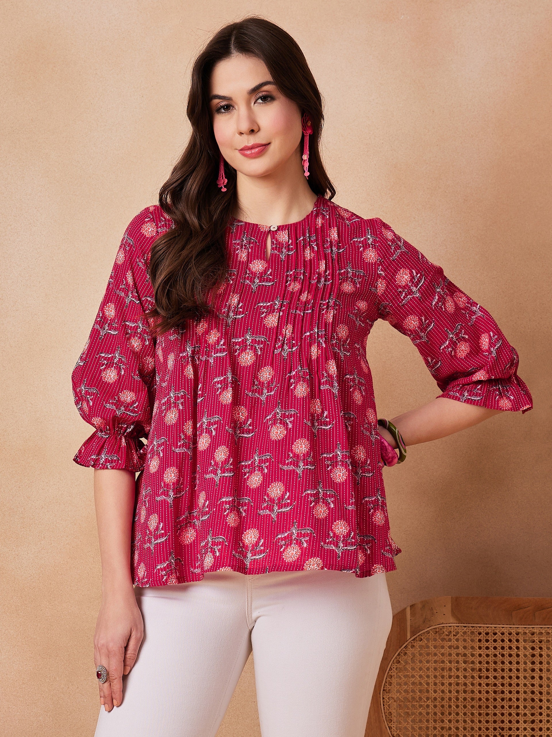 InWeave Red Kantha Floral Print Front Pintex Top - Swadesiicart