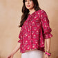 InWeave Red Kantha Floral Print Front Pintex Top - Swadesiicart