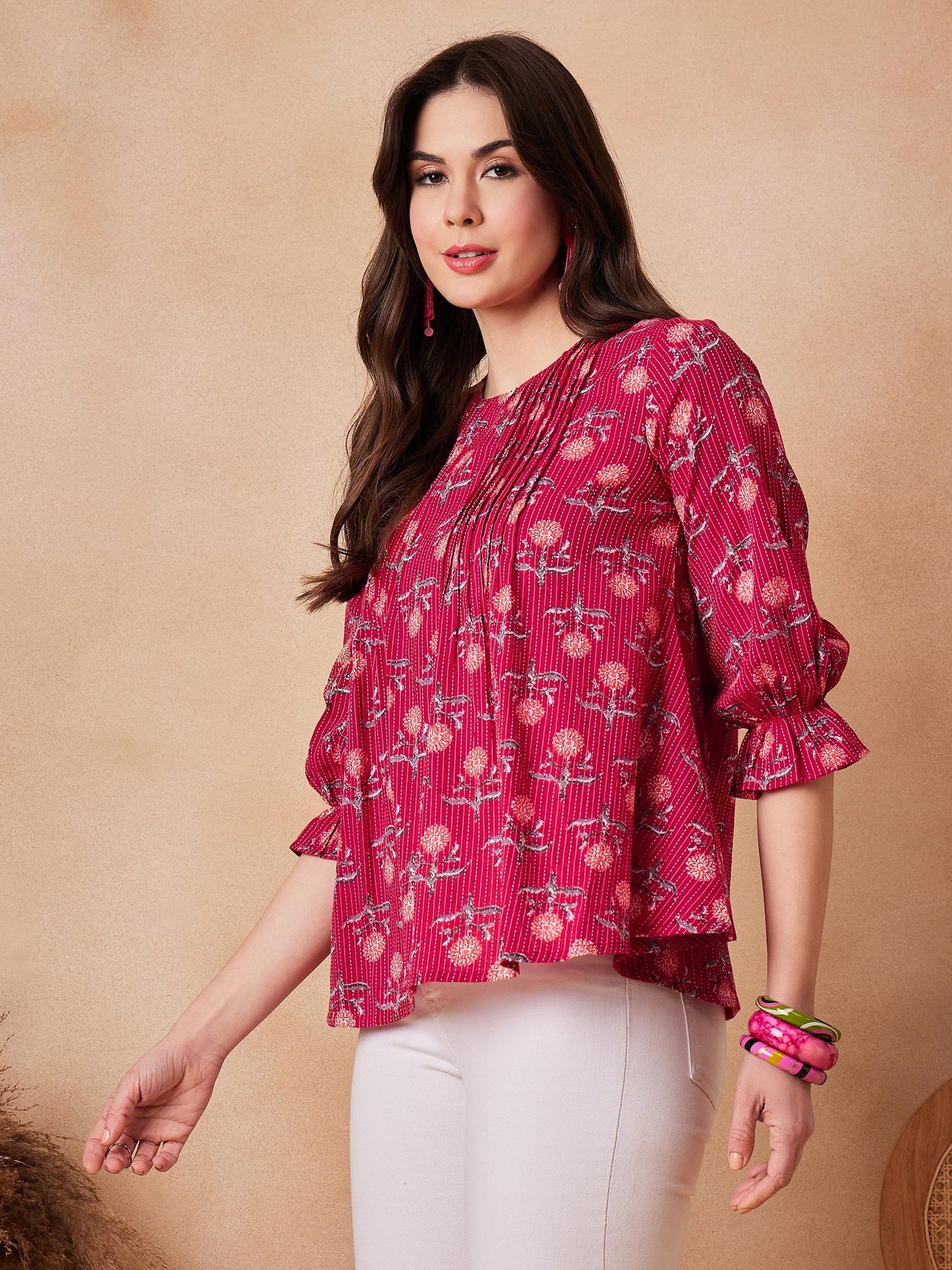 InWeave Red Kantha Floral Print Front Pintex Top - Swadesiicart