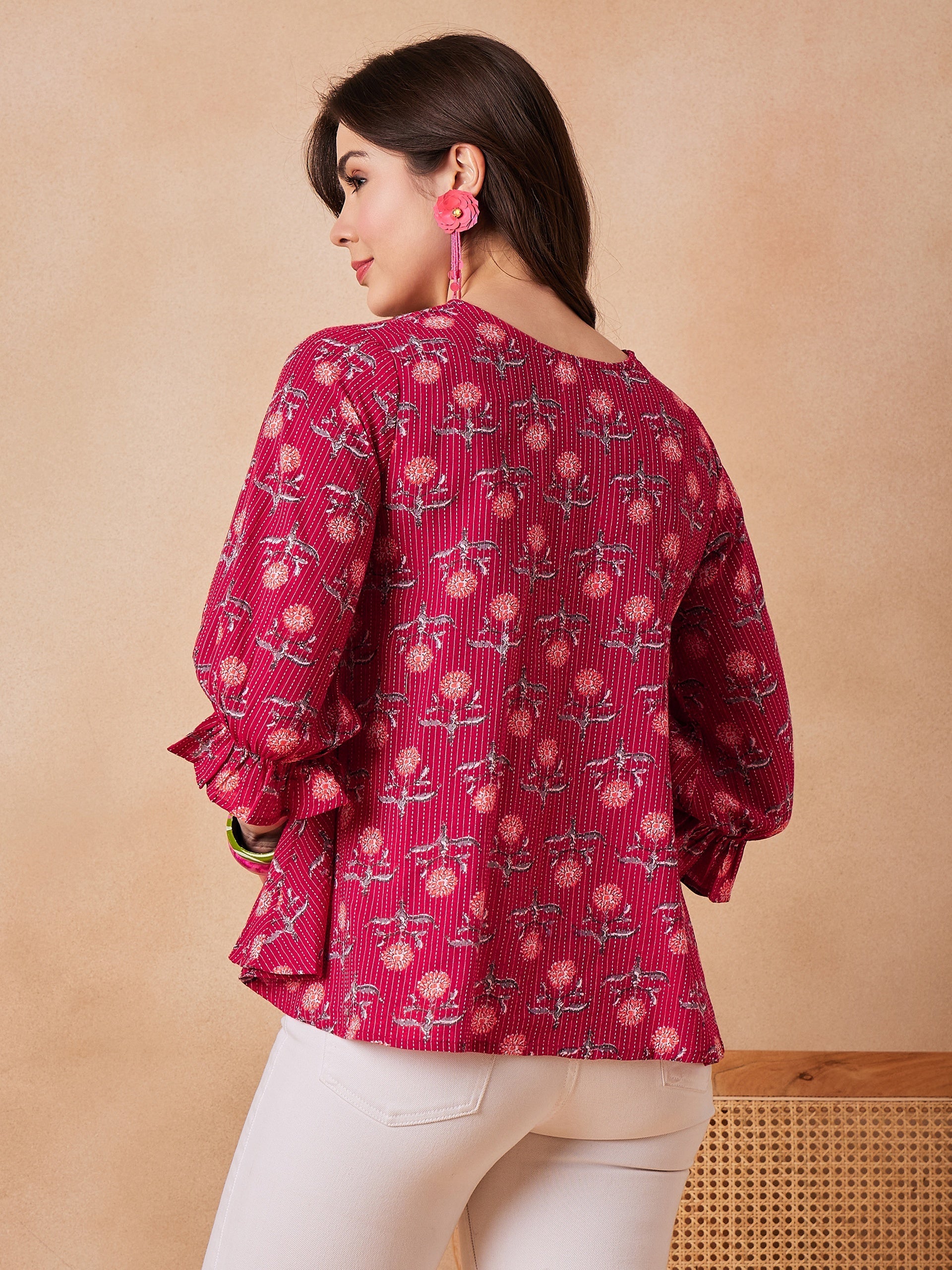 InWeave Red Kantha Floral Print Front Pintex Top - Swadesiicart