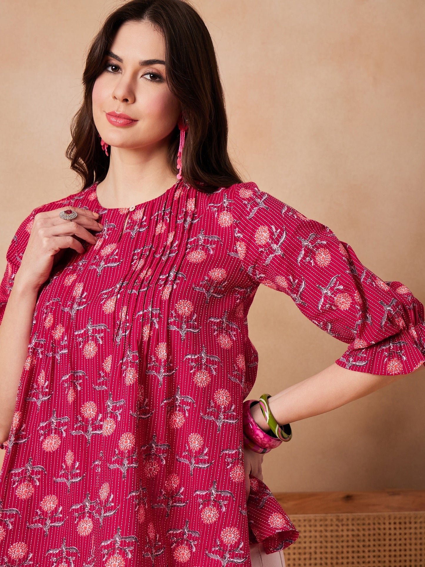 InWeave Red Kantha Floral Print Front Pintex Top - Swadesiicart