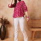InWeave Red Kantha Floral Print Front Pintex Top - Swadesiicart