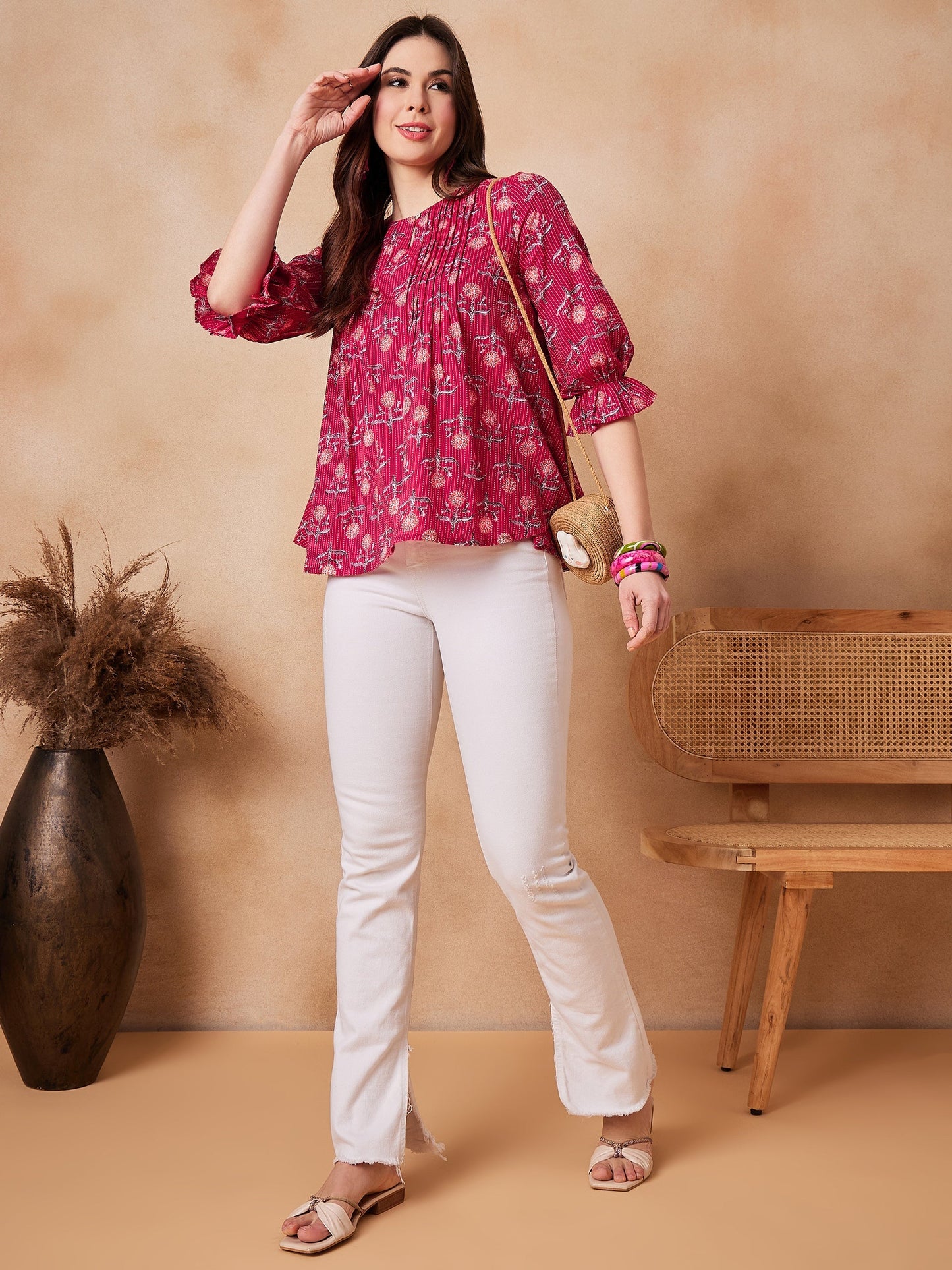 InWeave Red Kantha Floral Print Front Pintex Top - Swadesiicart