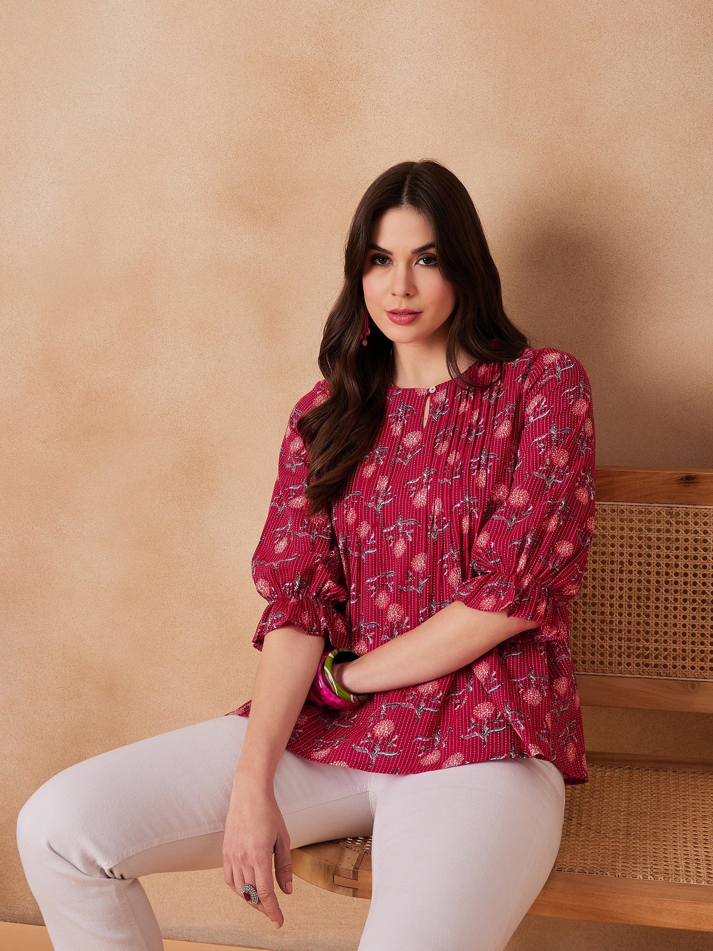 InWeave Red Kantha Floral Print Front Pintex Top - Swadesiicart
