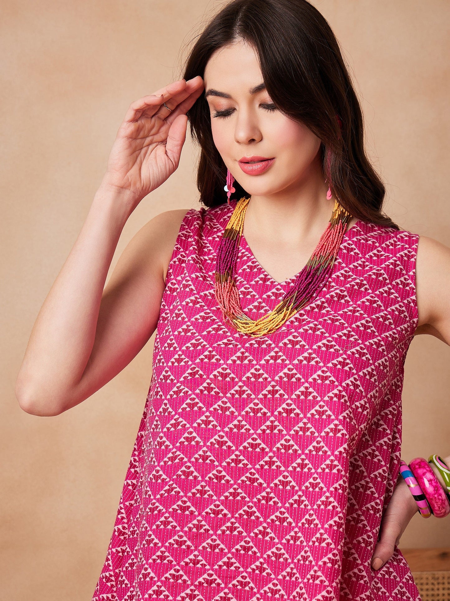 InWeave Pink Pyramid Kantha High Low W/S Top - Swadesiicart