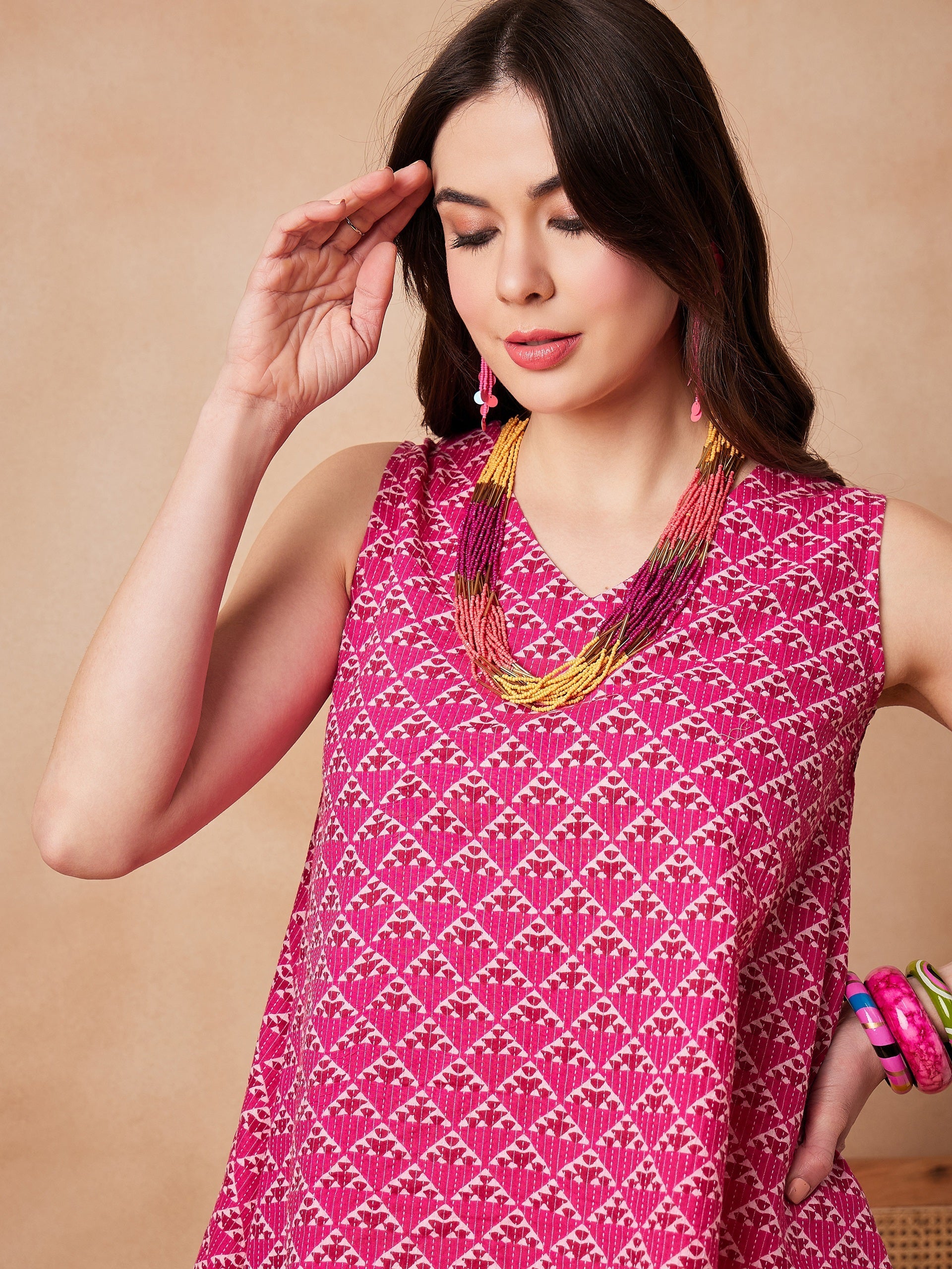 InWeave Pink Pyramid Kantha High Low W/S Top - Swadesiicart