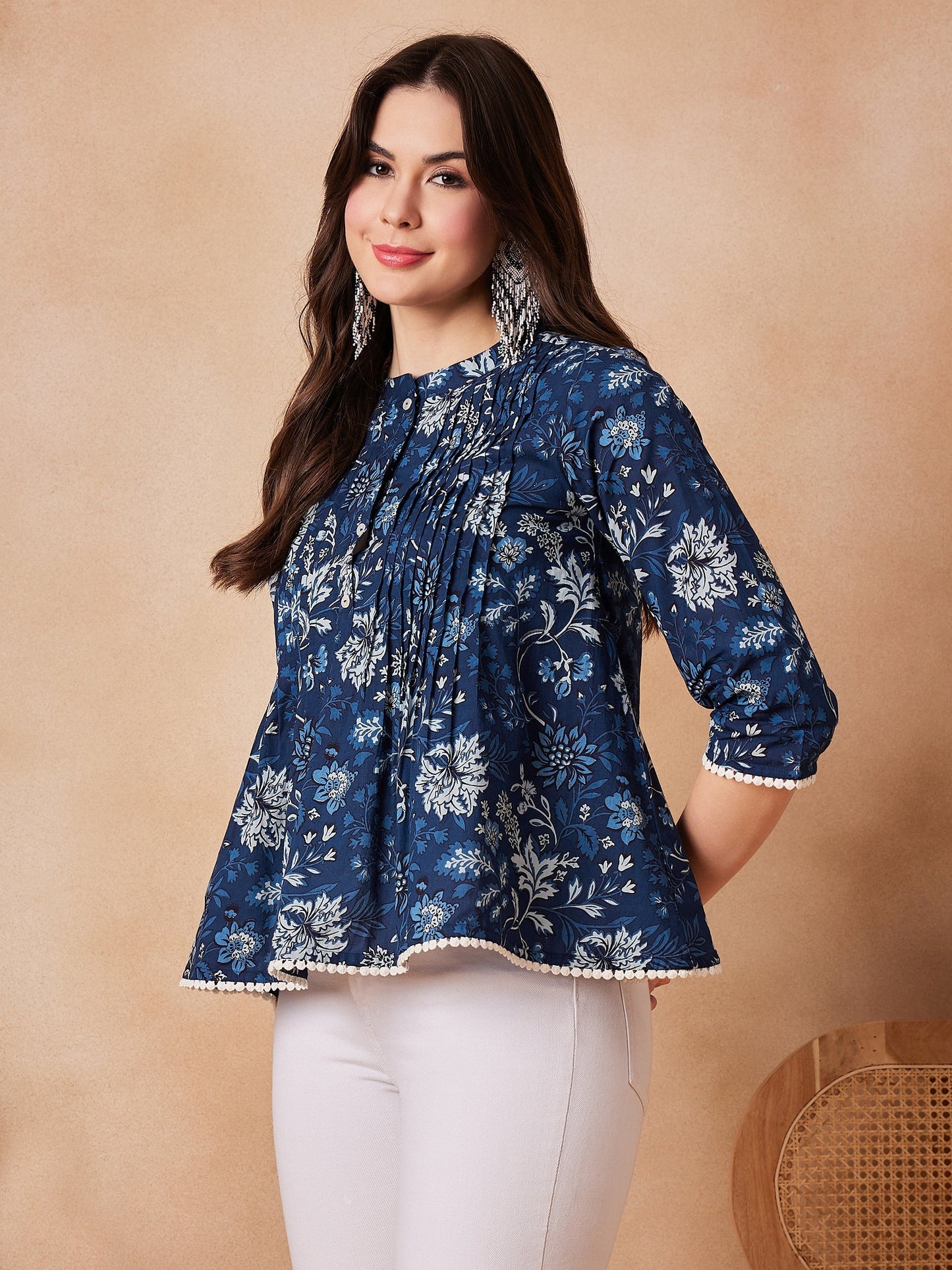 InWeave Indigo Floral Mandarin Neck Button Top - Swadesiicart