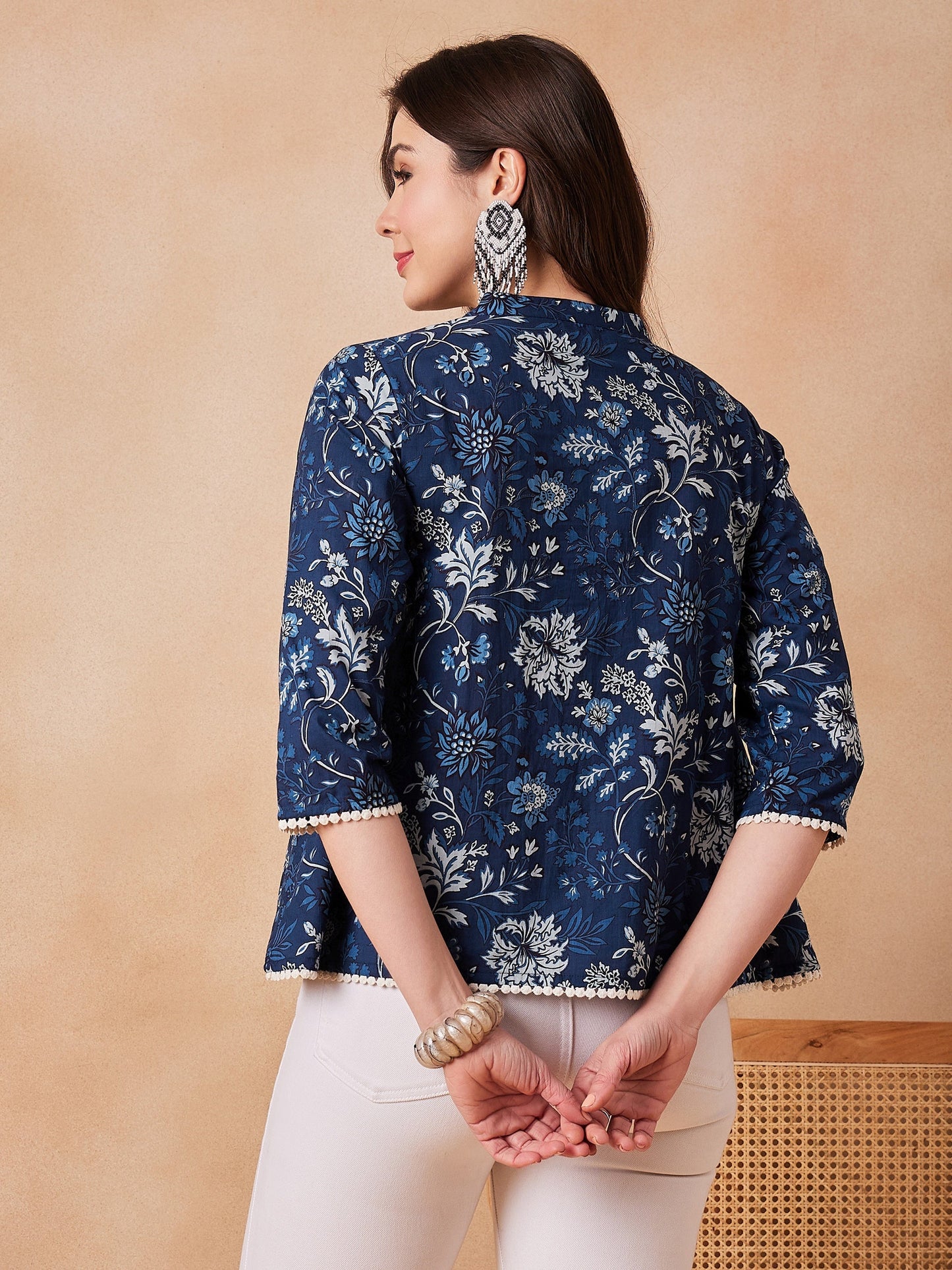 InWeave Indigo Floral Mandarin Neck Button Top - Swadesiicart
