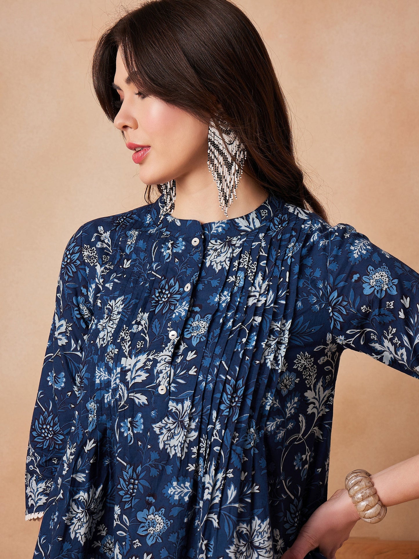 InWeave Indigo Floral Mandarin Neck Button Top - Swadesiicart