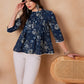 InWeave Indigo Floral Mandarin Neck Button Top - Swadesiicart