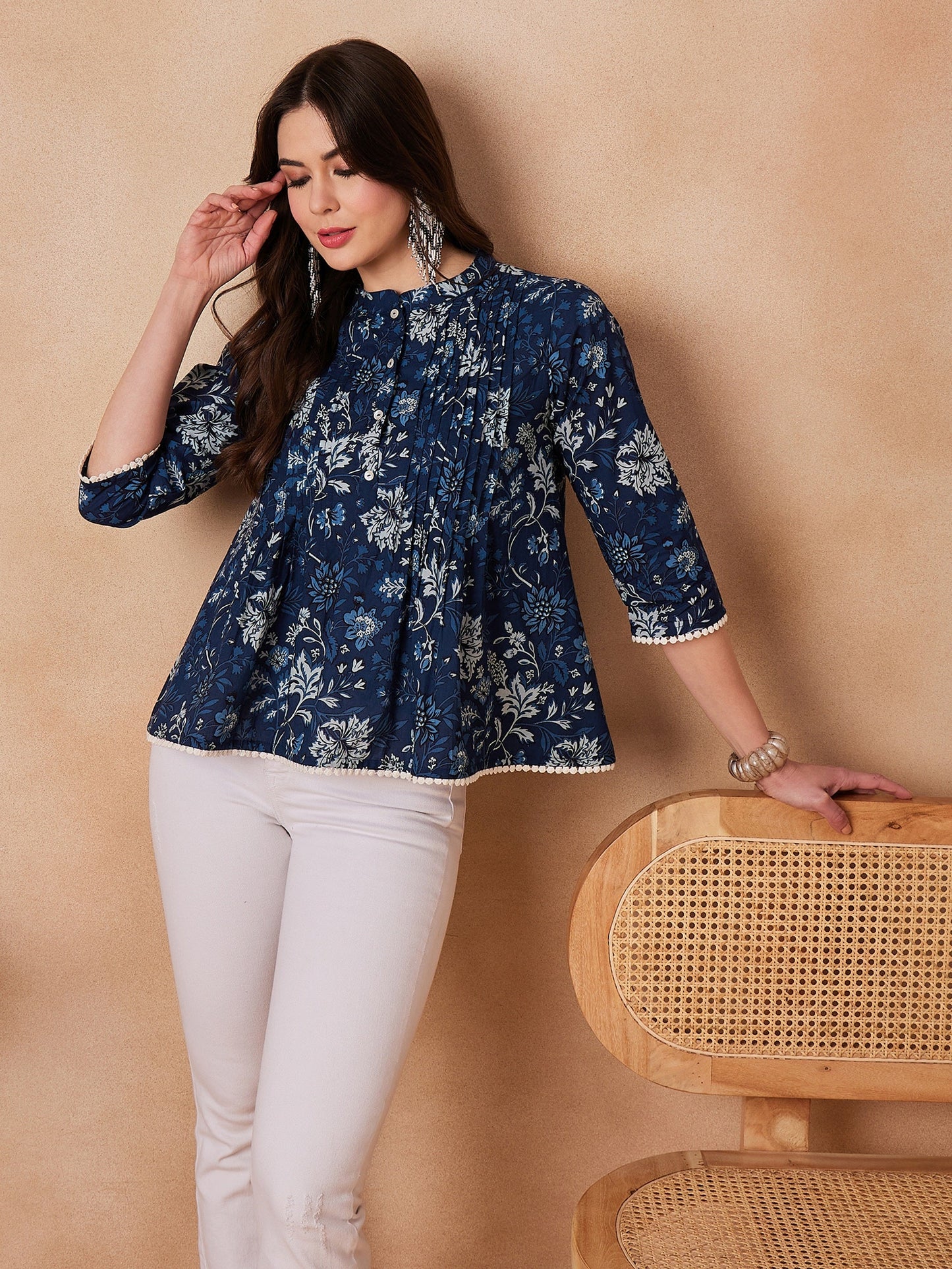 InWeave Indigo Floral Mandarin Neck Button Top - Swadesiicart