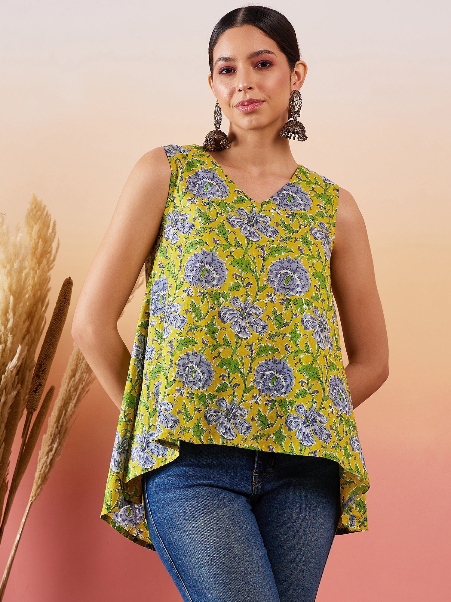 InWeave Sunset Yellow Floral Print V Neck W/S Top - Swadesiicart