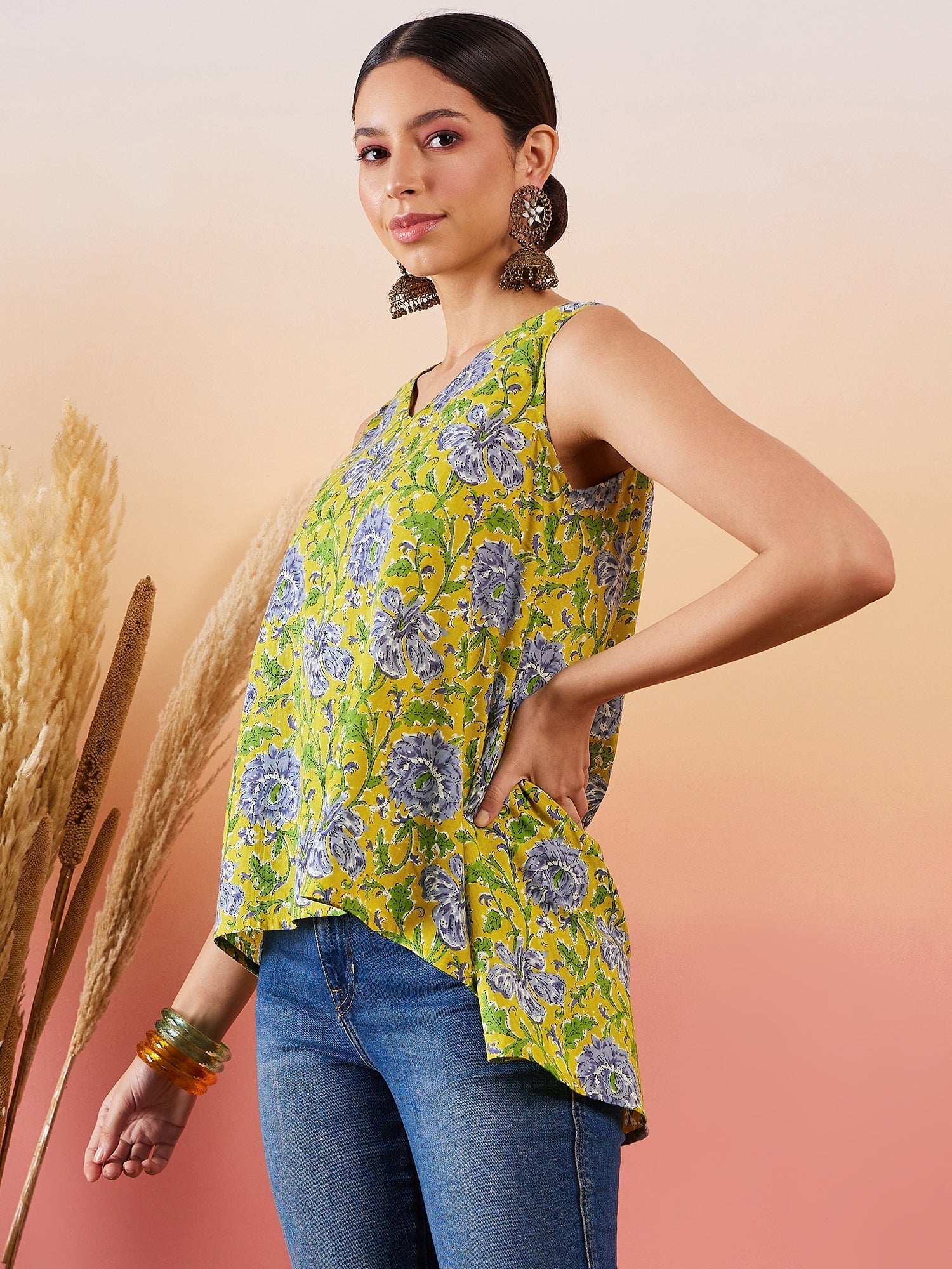 InWeave Sunset Yellow Floral Print V Neck W/S Top - Swadesiicart