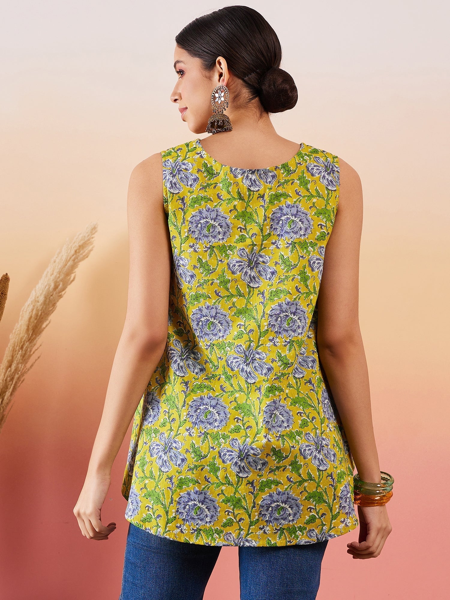 InWeave Sunset Yellow Floral Print V Neck W/S Top - Swadesiicart