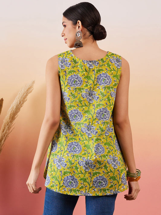 InWeave Sunset Yellow Floral Print V Neck W/S Top - Swadesiicart