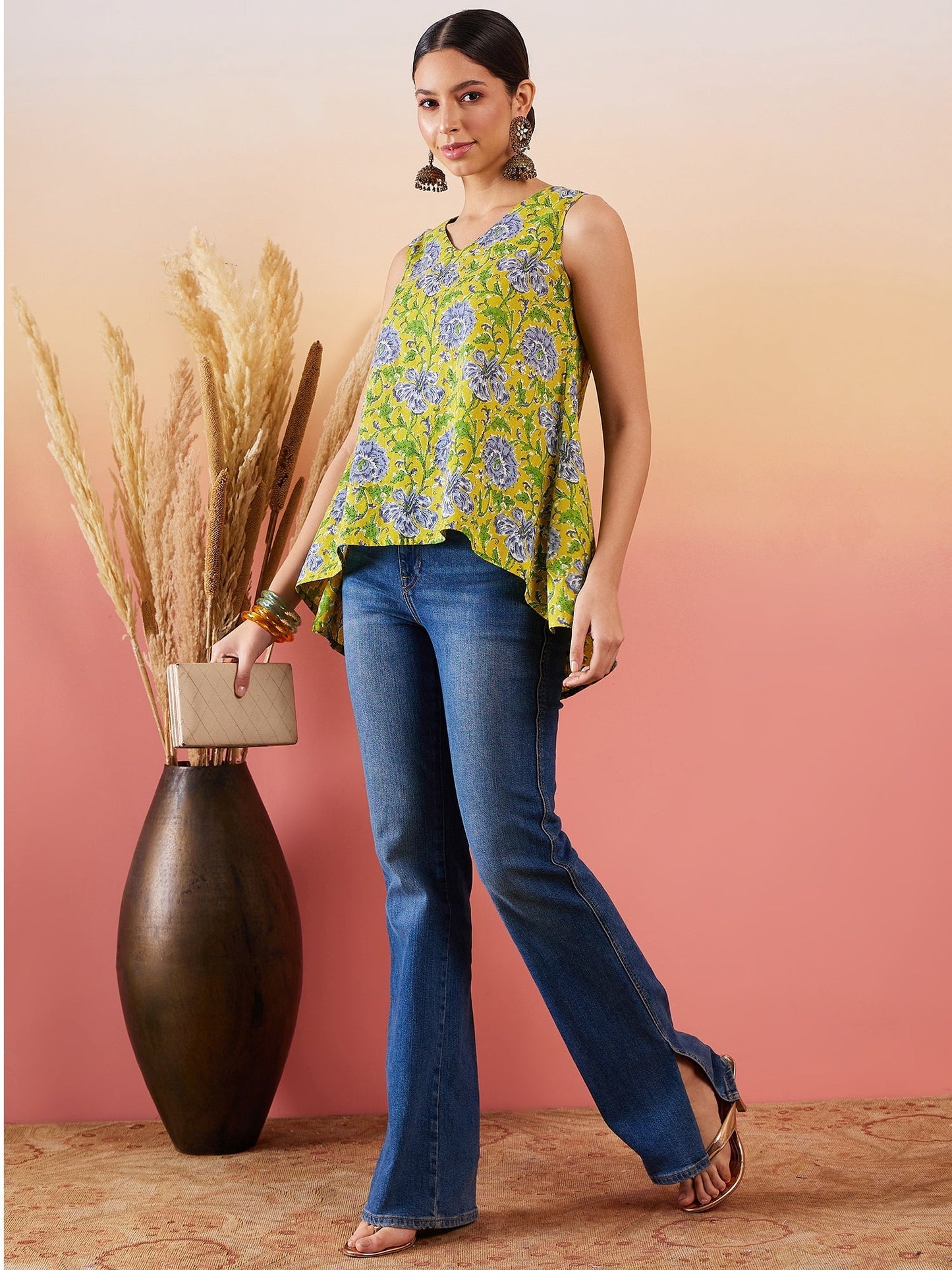 InWeave Sunset Yellow Floral Print V Neck W/S Top - Swadesiicart