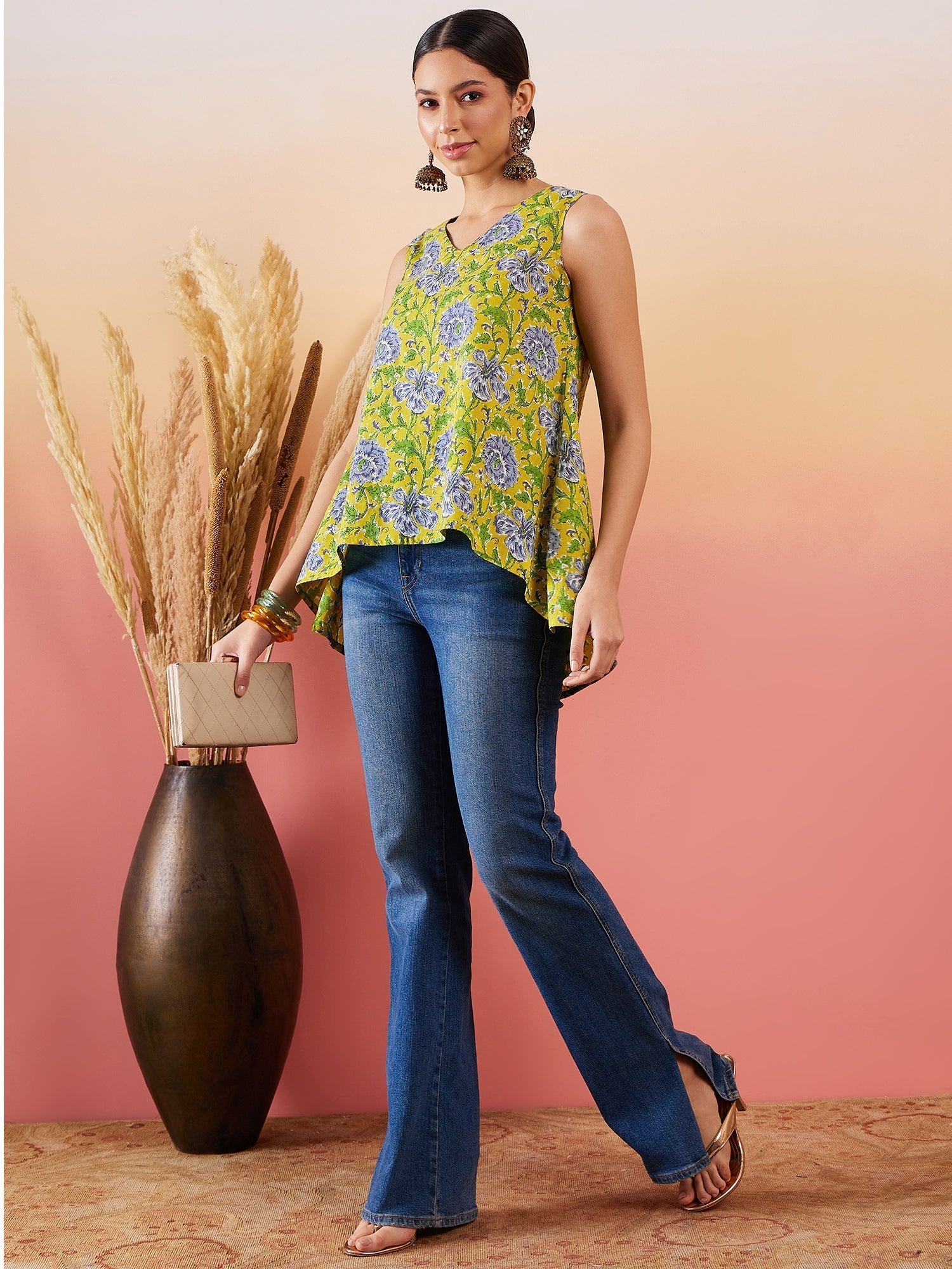 InWeave Sunset Yellow Floral Print V Neck W/S Top - Swadesiicart