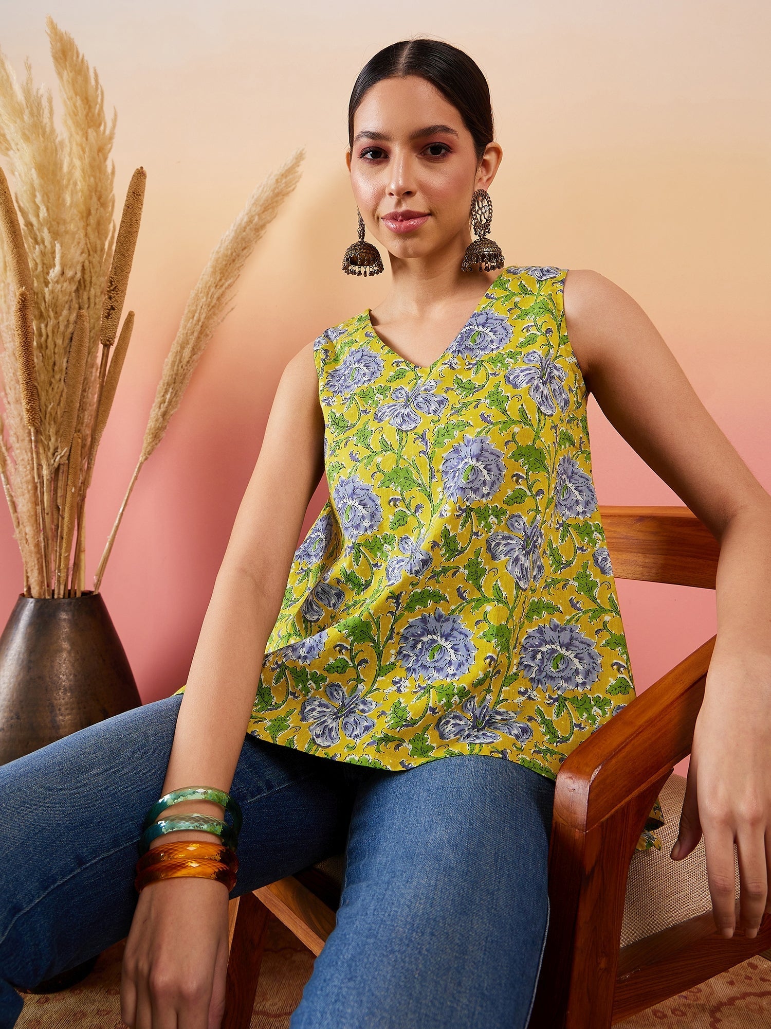 InWeave Sunset Yellow Floral Print V Neck W/S Top - Swadesiicart